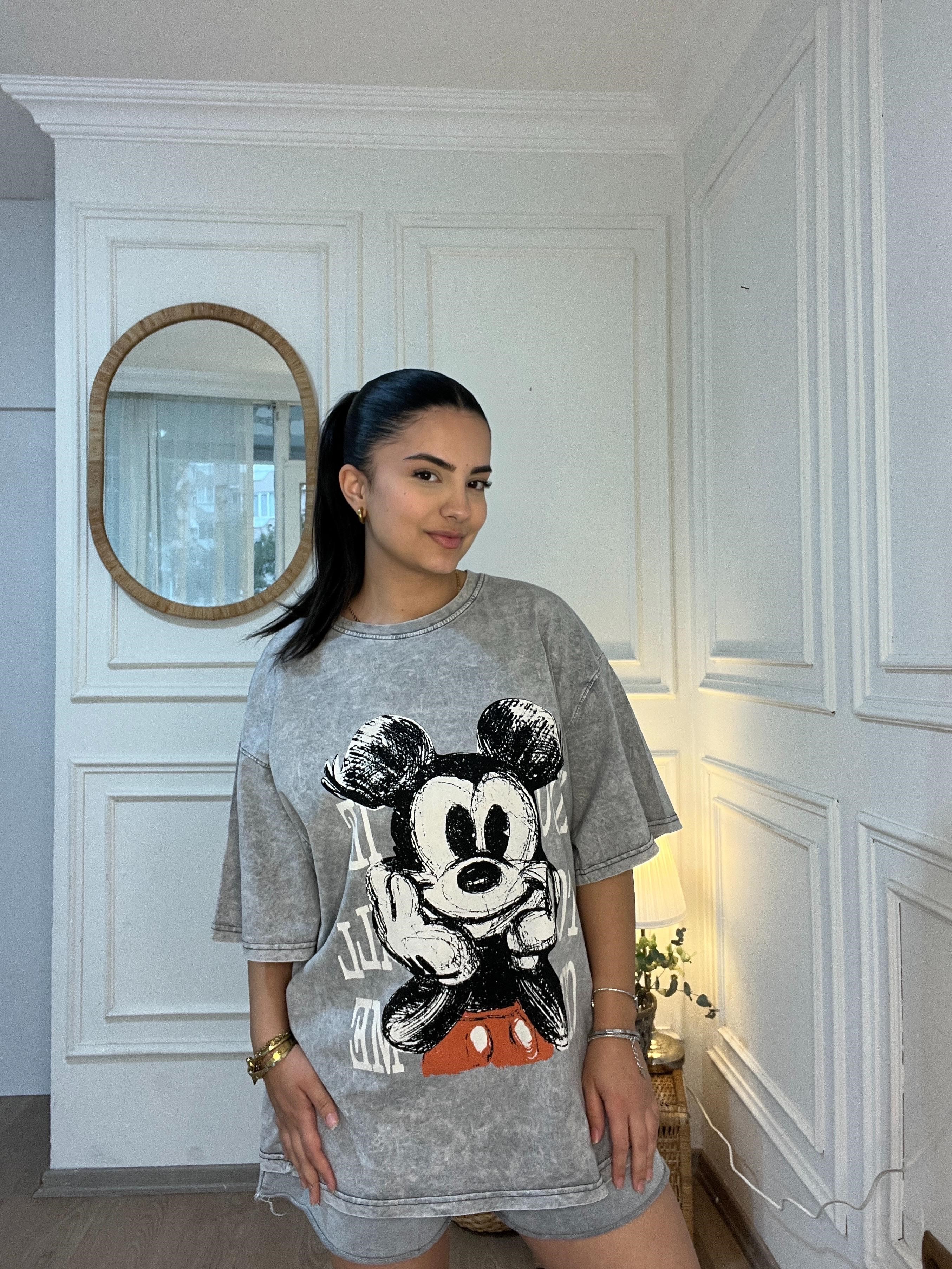Oversize Mickey Baskılı Tshirt Gri