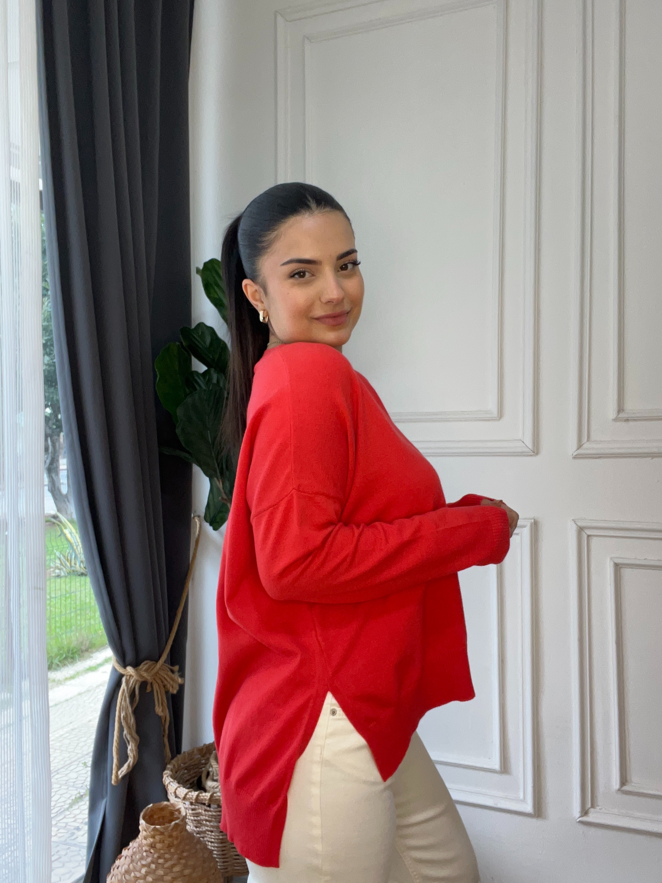Oversize Triko Kazak Kırmızı