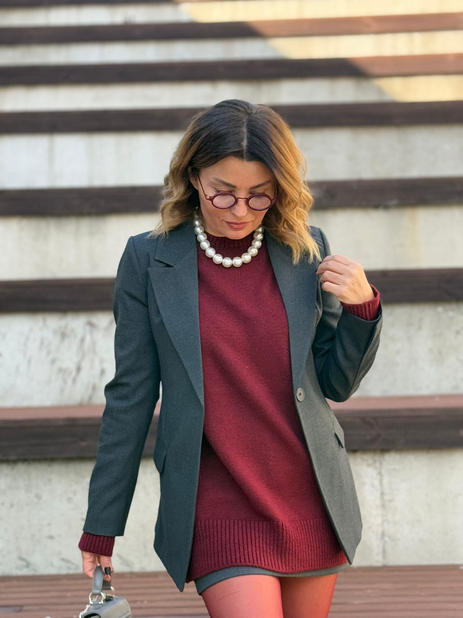 Oversize Uzun Triko Kazak Bordo