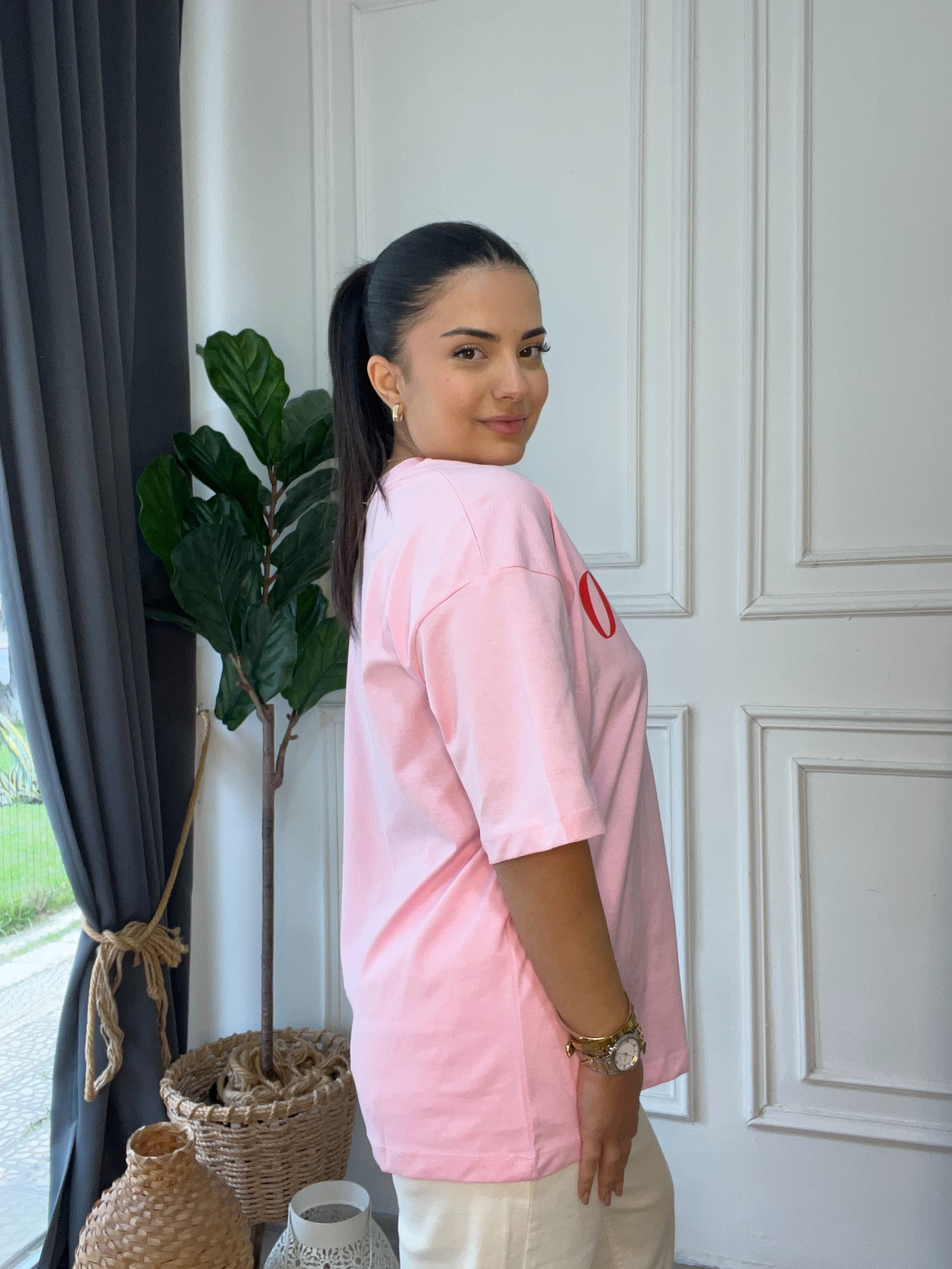 Oversize YazılıTshirt Pembe
