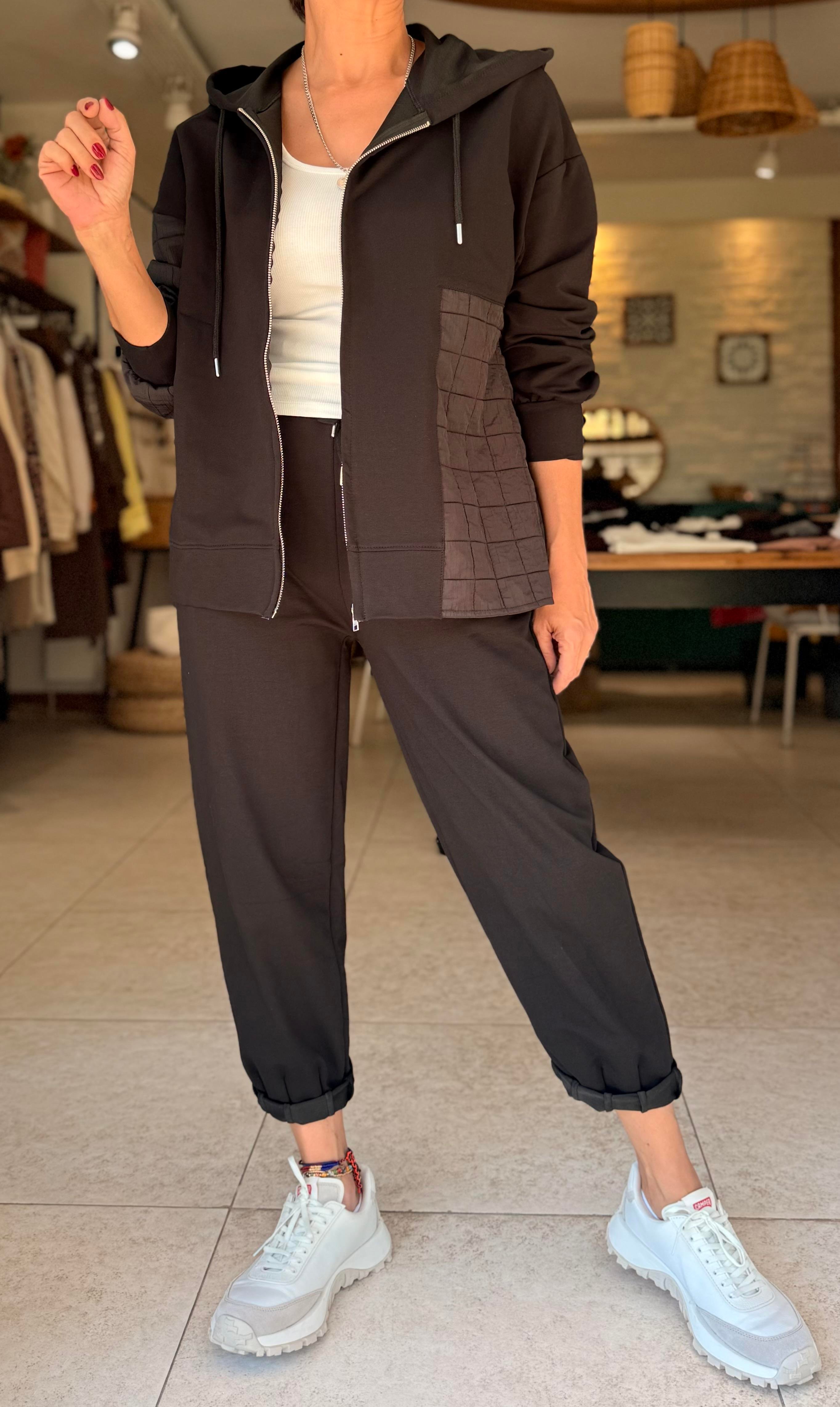 Paça Pensli Beli Lastikli Pantolon Siyah
