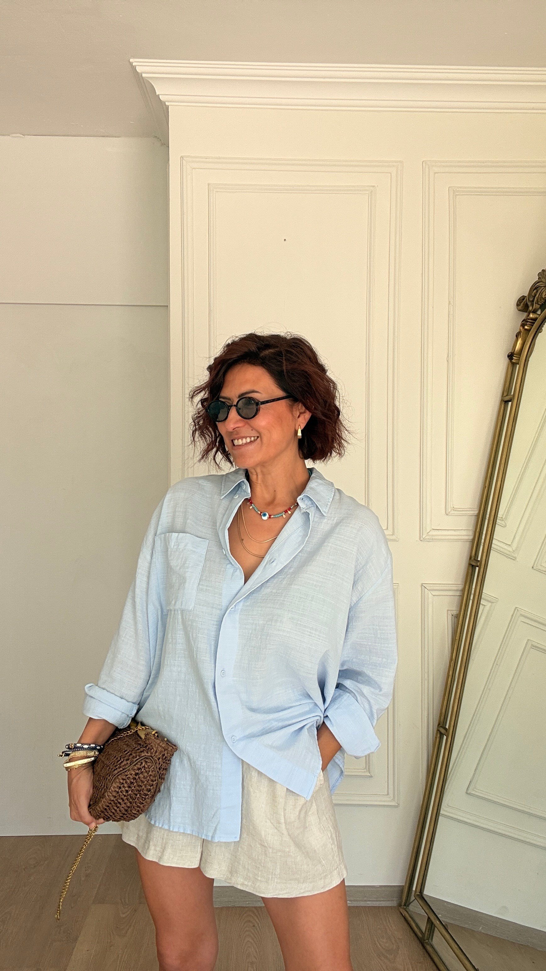 Pamuk Keten Gömlek Buz Mavisi