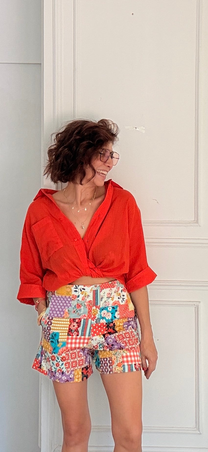 Patchwork Desenli Yüksek Bel Şort