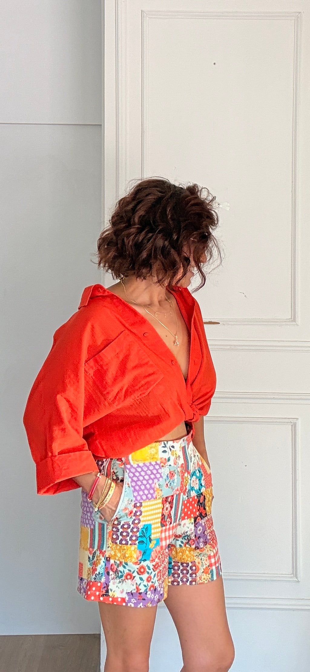 Patchwork Desenli Yüksek Bel Şort