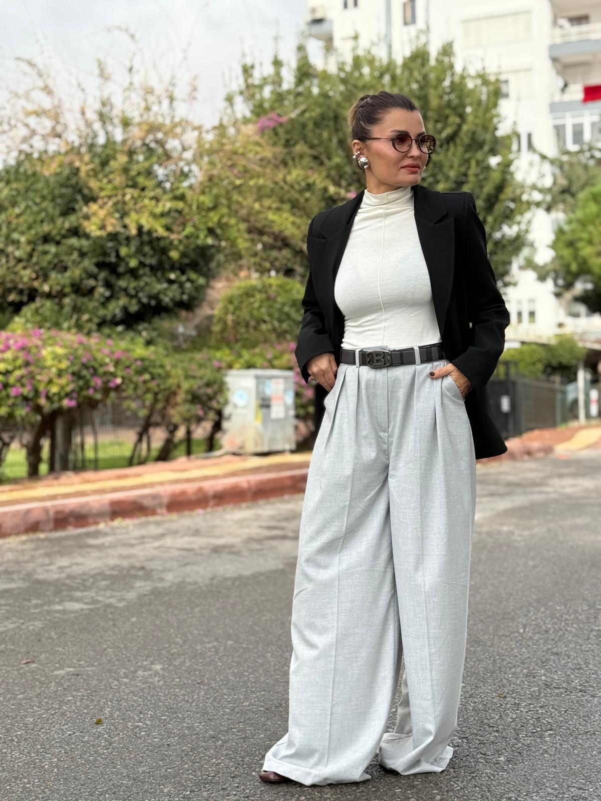 Pilili Palazzo Pantolon Açık Gri