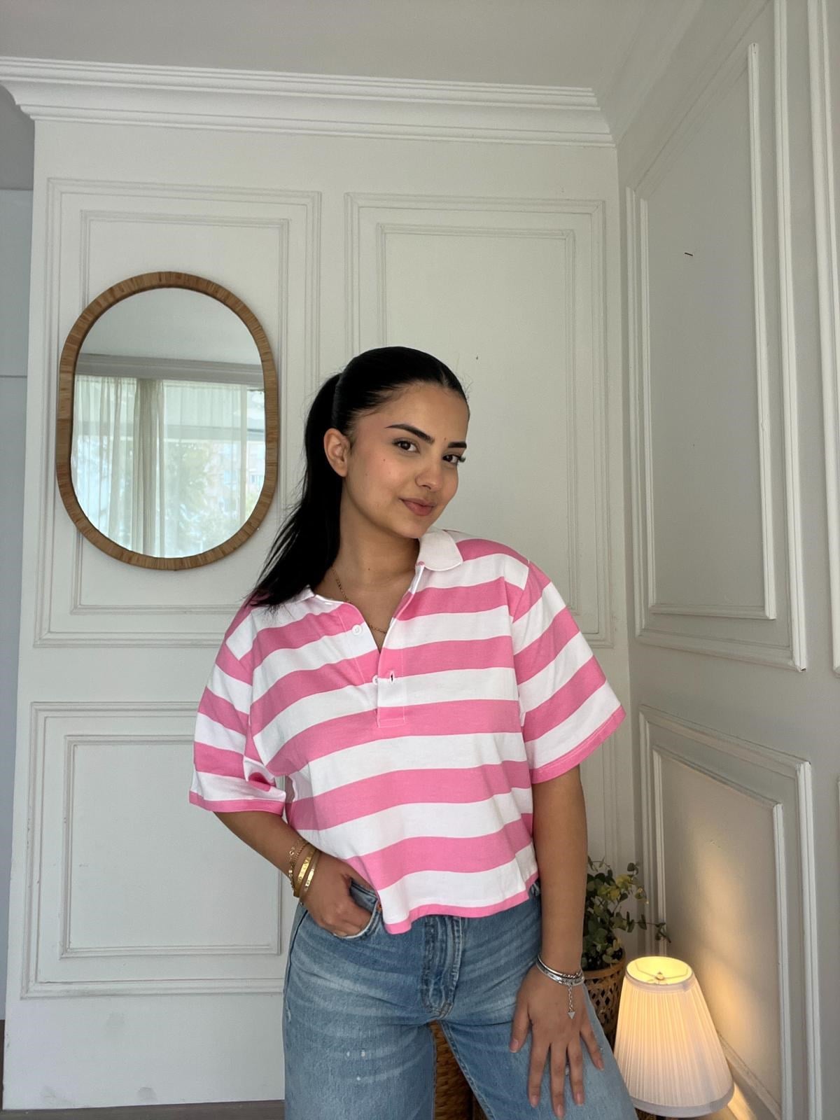 Polo Yaka Çizgili Crop Tshirt