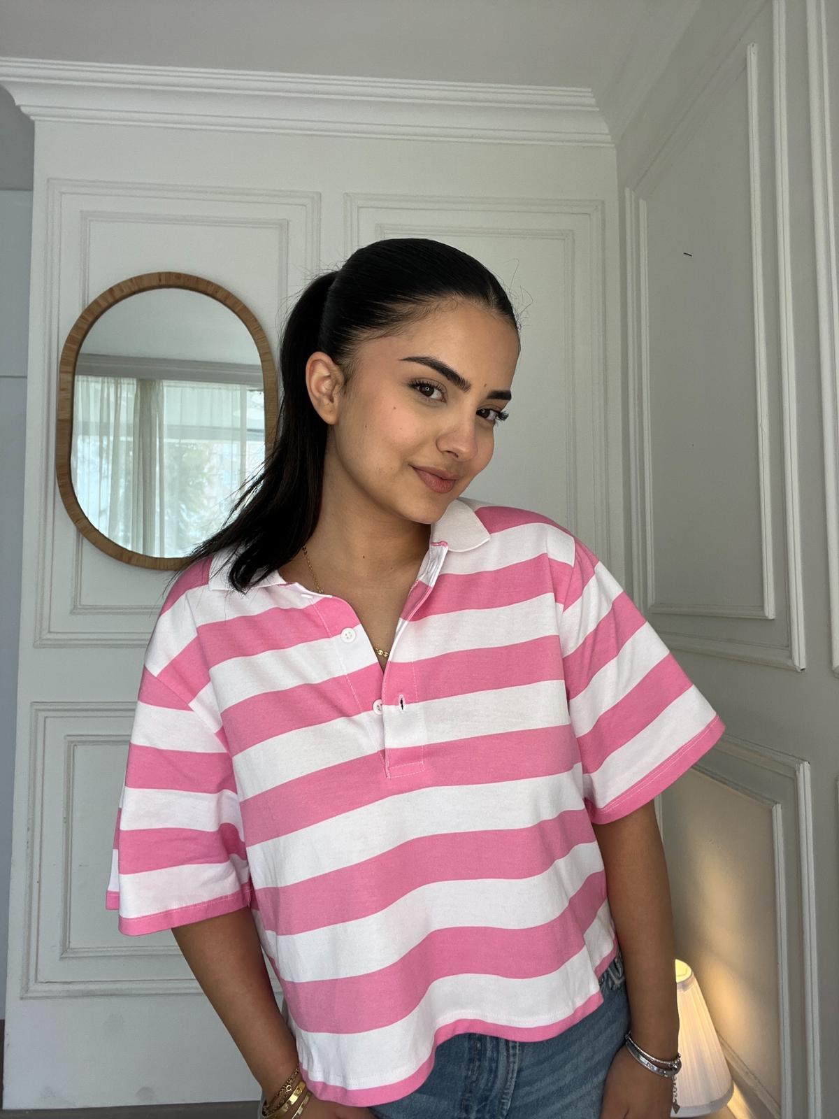 Polo Yaka Çizgili Crop Tshirt