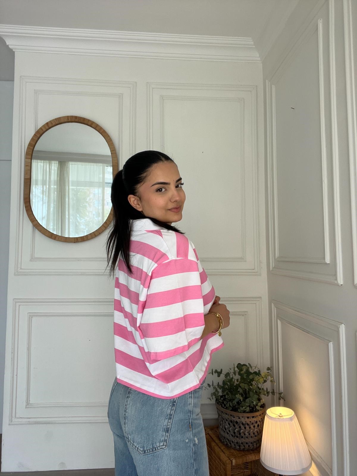 Polo Yaka Çizgili Crop Tshirt