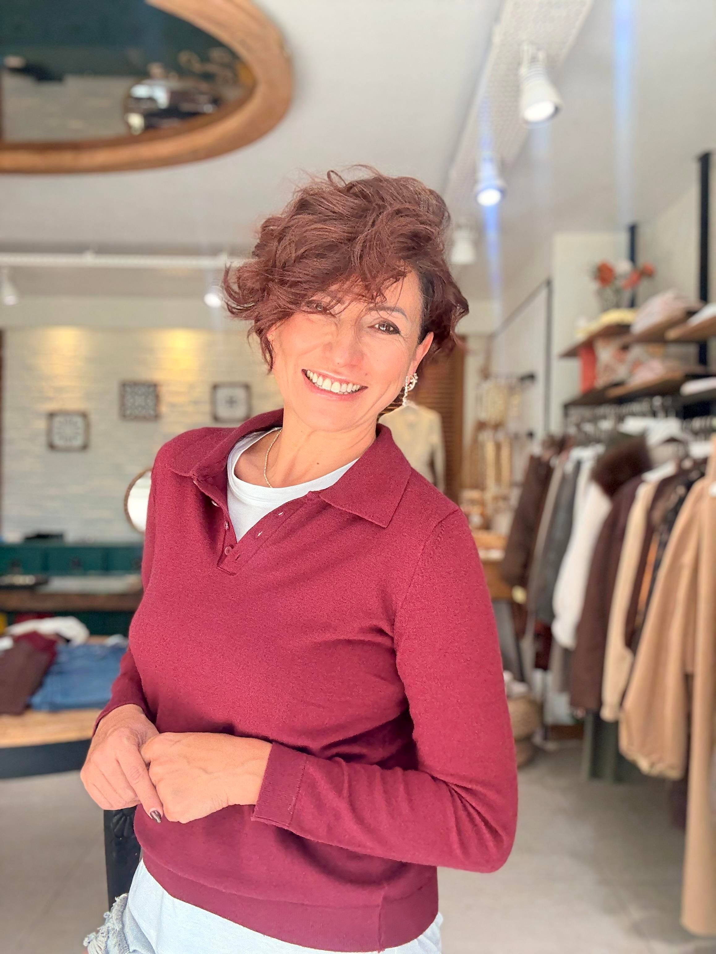 Polo Yaka Düğmeli Triko Bordo