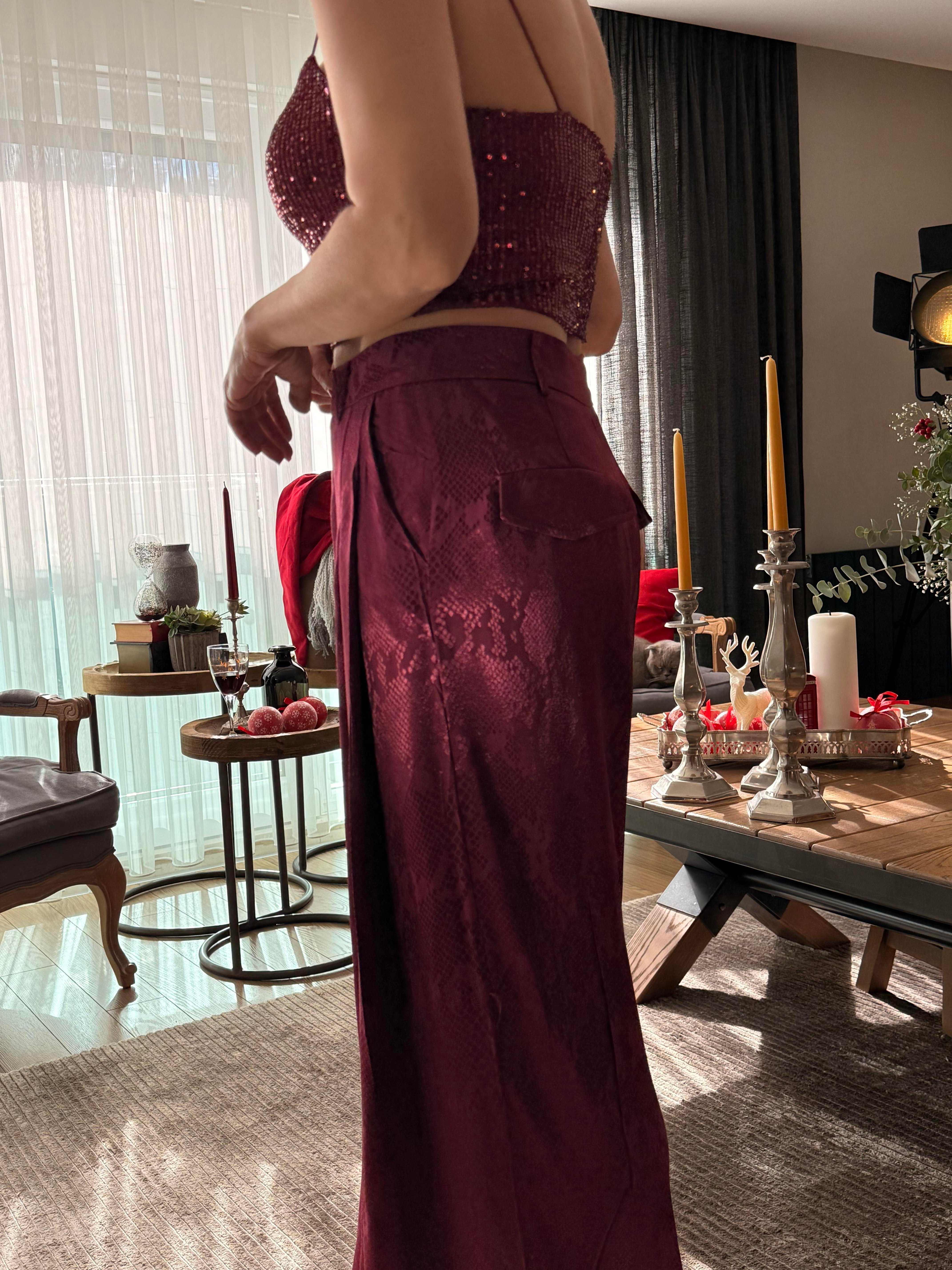 Saten Jakarlı Palazzo Pantolon Bordo