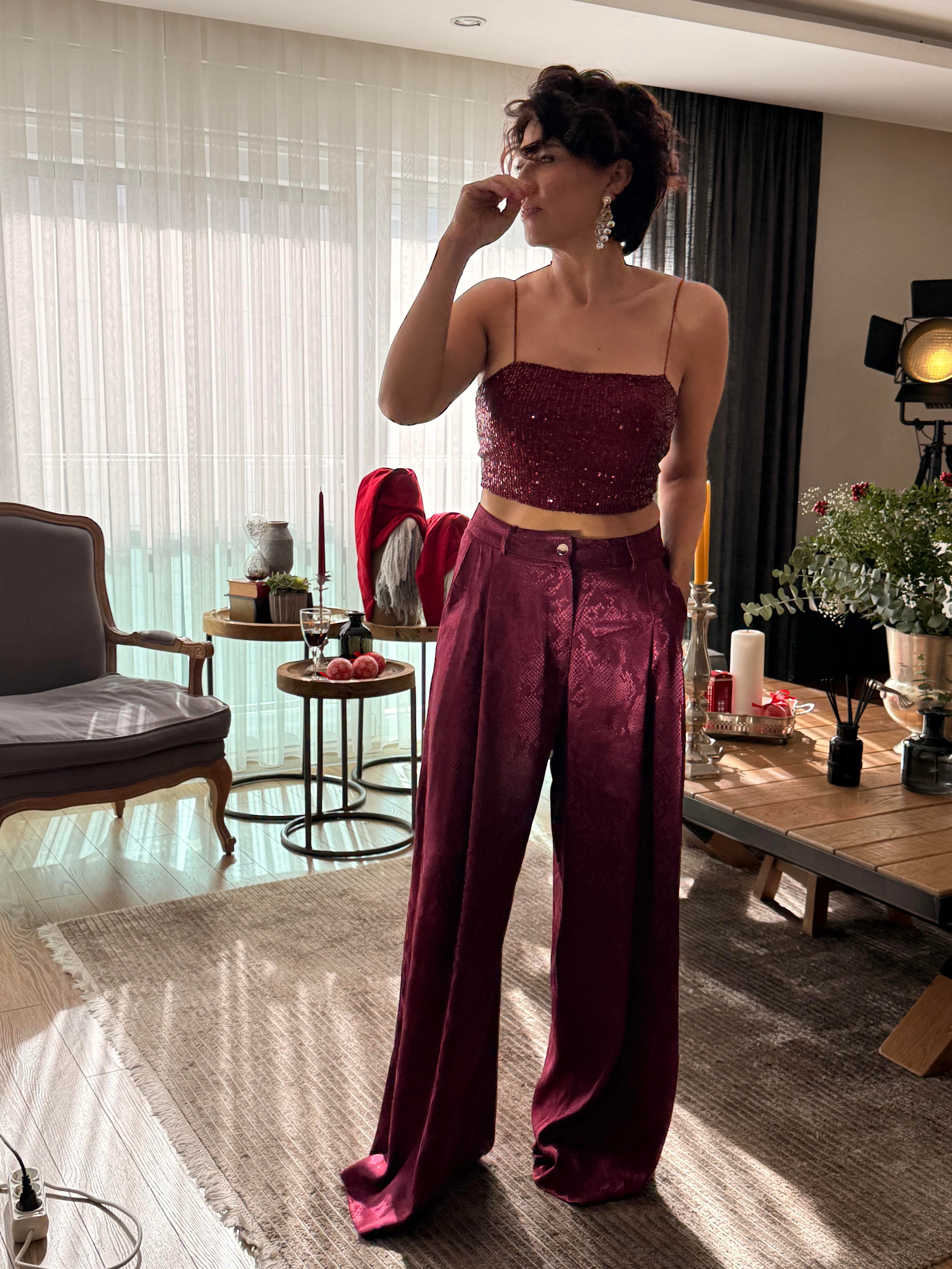 Saten Jakarlı Palazzo Pantolon Bordo