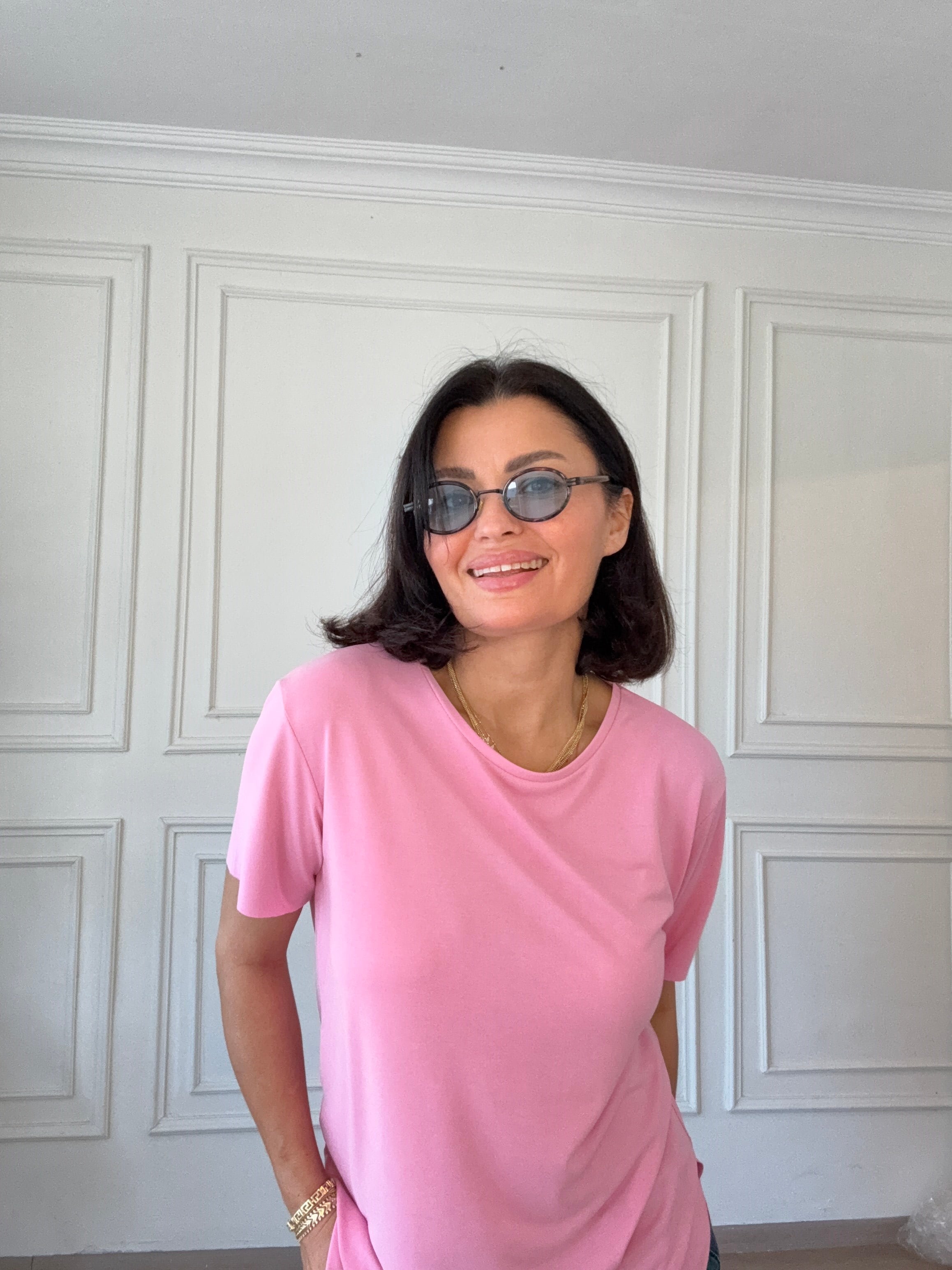 Sıfır Yaka Modal Basıc Tshırs Pembe