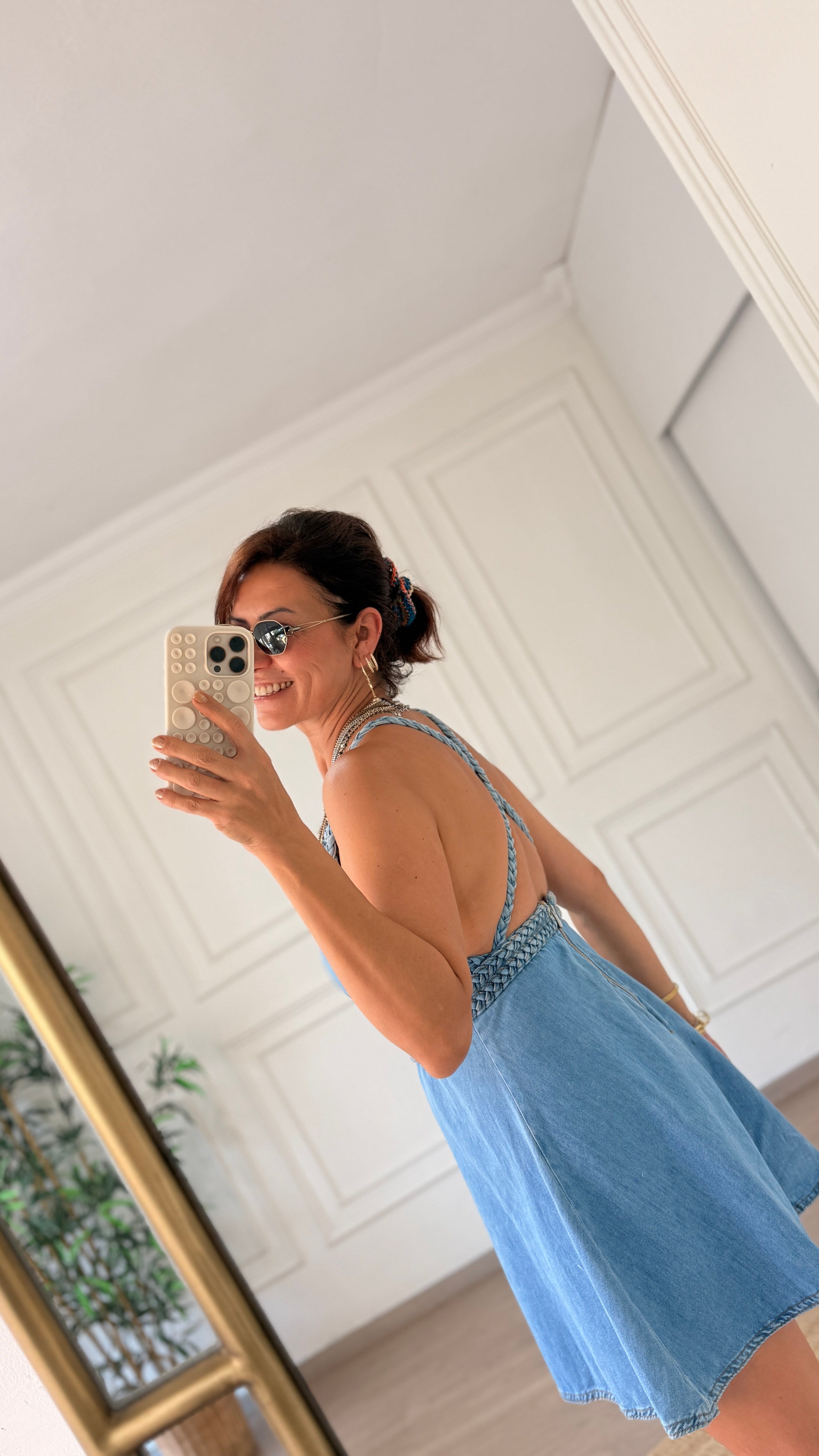 Sırtı Çapraz Detaylı Jean Elbise 