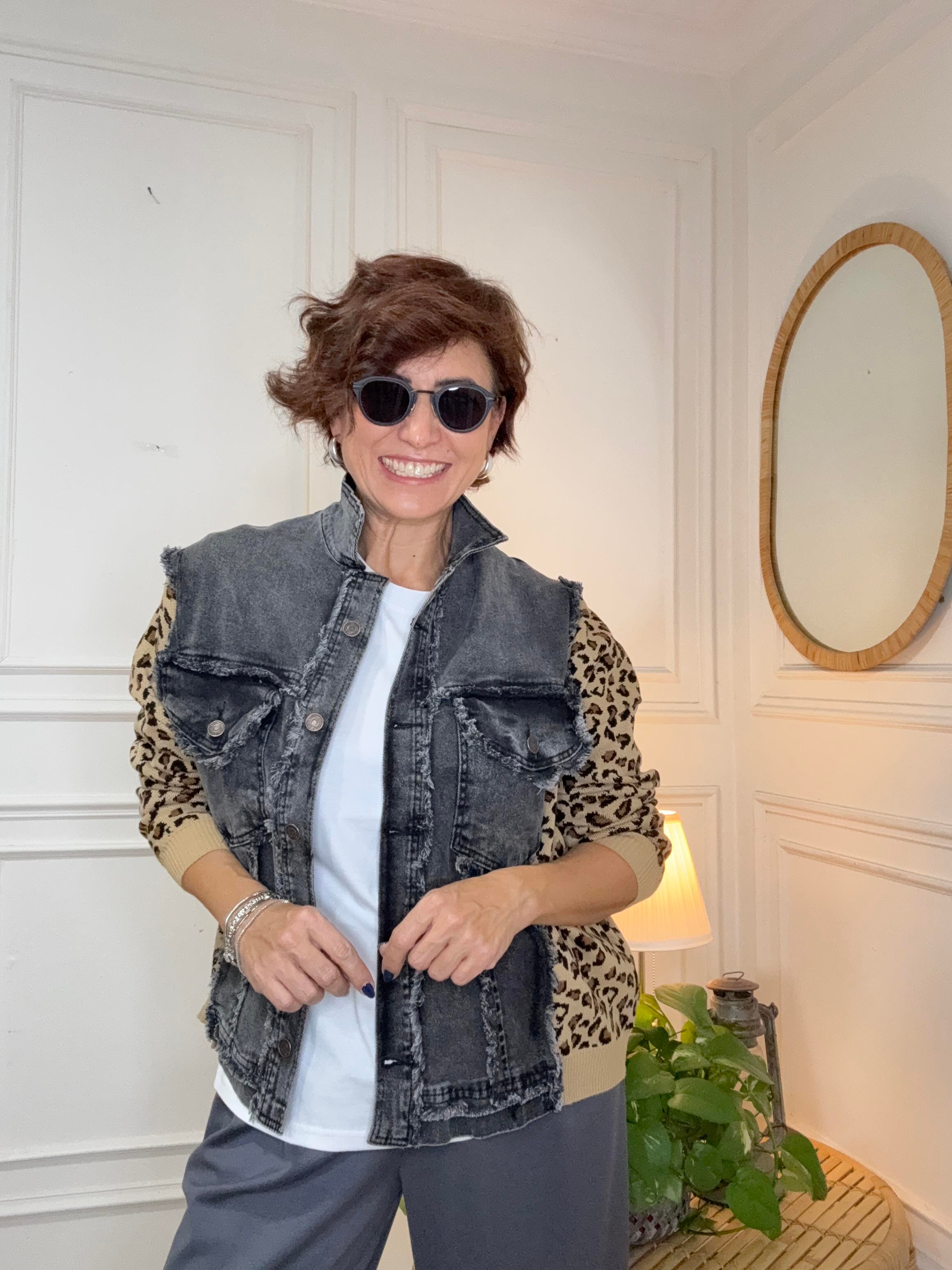 Triko Leopar Detay Jean Gömlek Ceket
