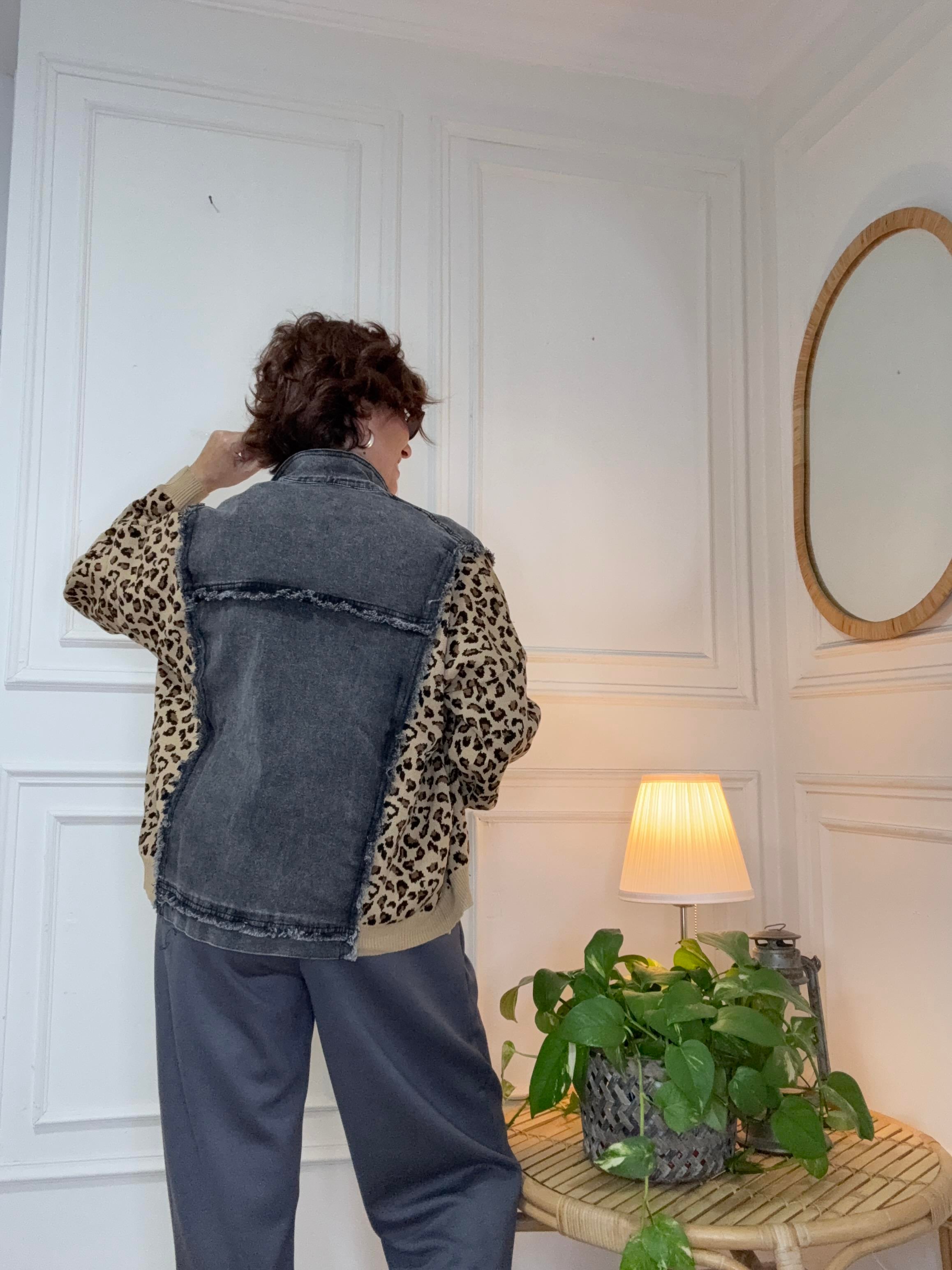 Triko Leopar Detay Jean Gömlek Ceket