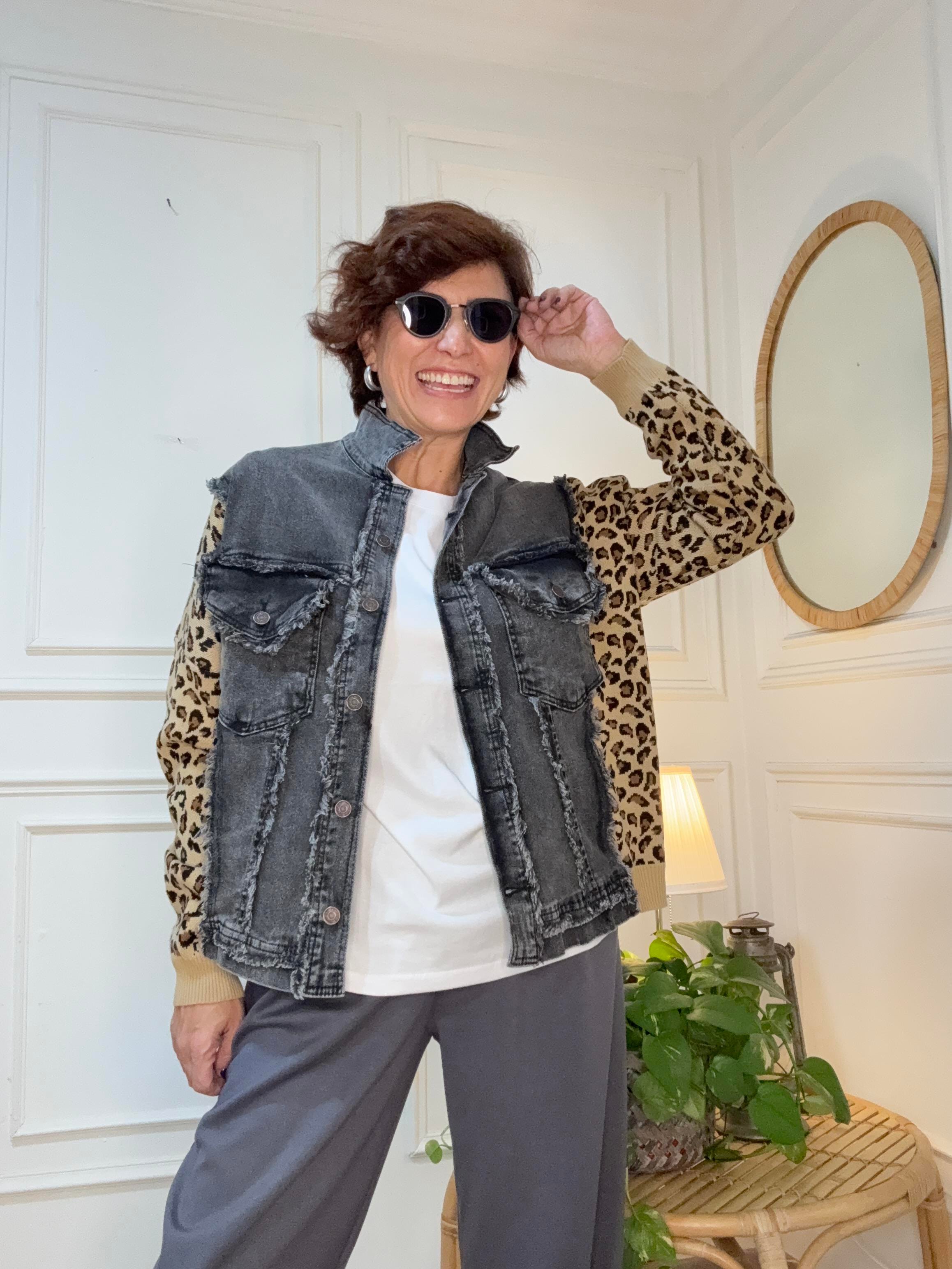Triko Leopar Detay Jean Gömlek Ceket