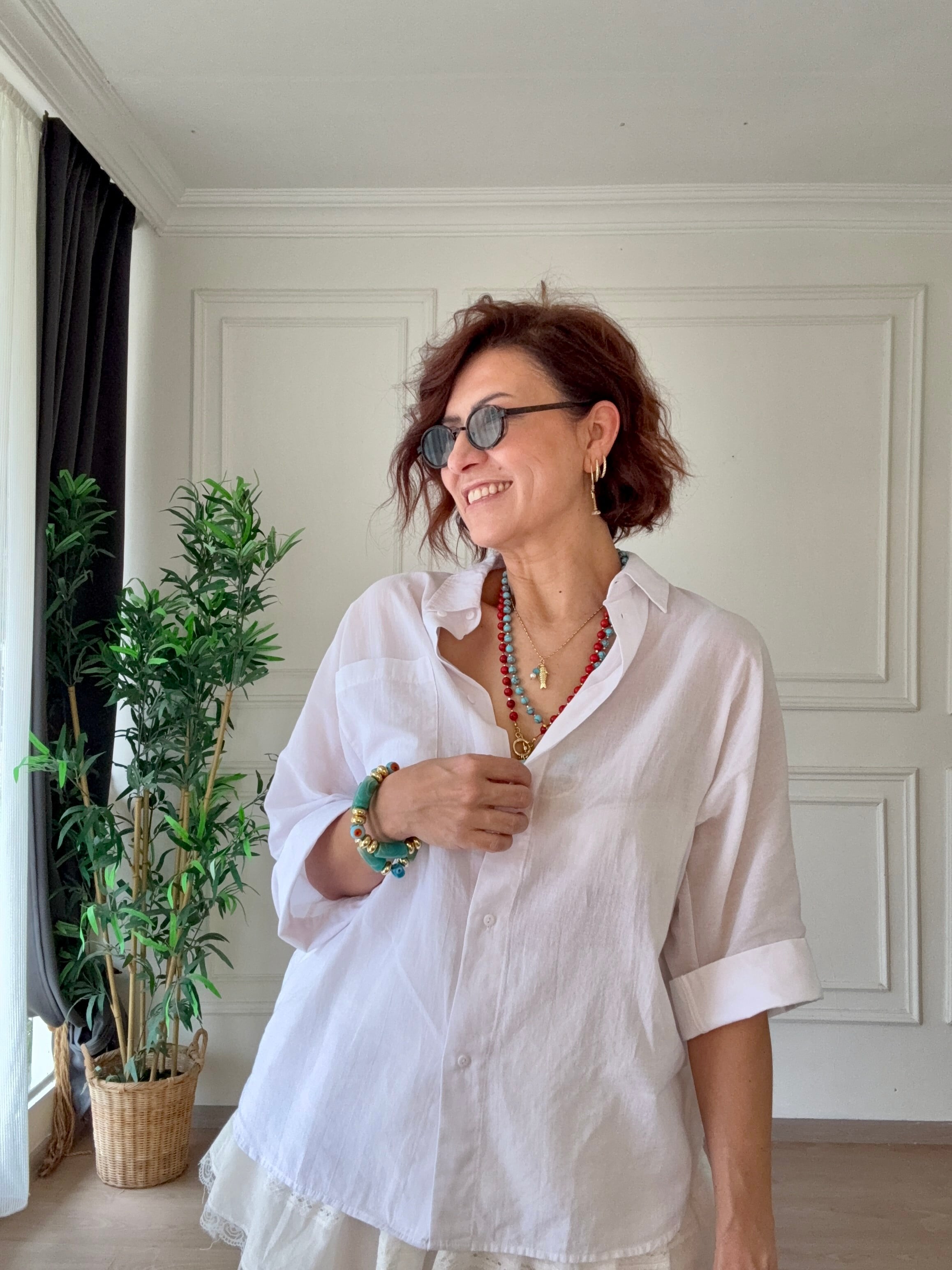 Truvakar Kol Tülbent Kumaş Gömlek Beyaz