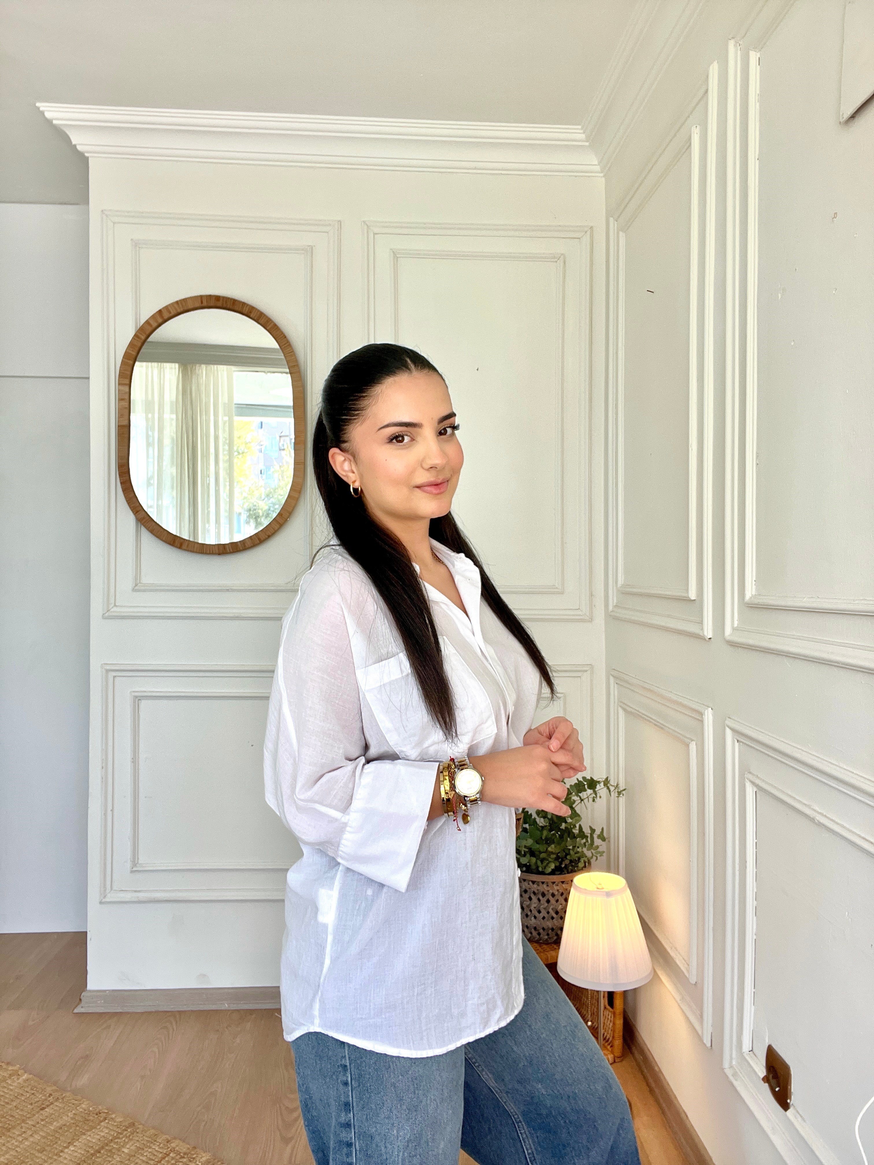 Truvakar Kol Tülbent Kumaş Gömlek Beyaz