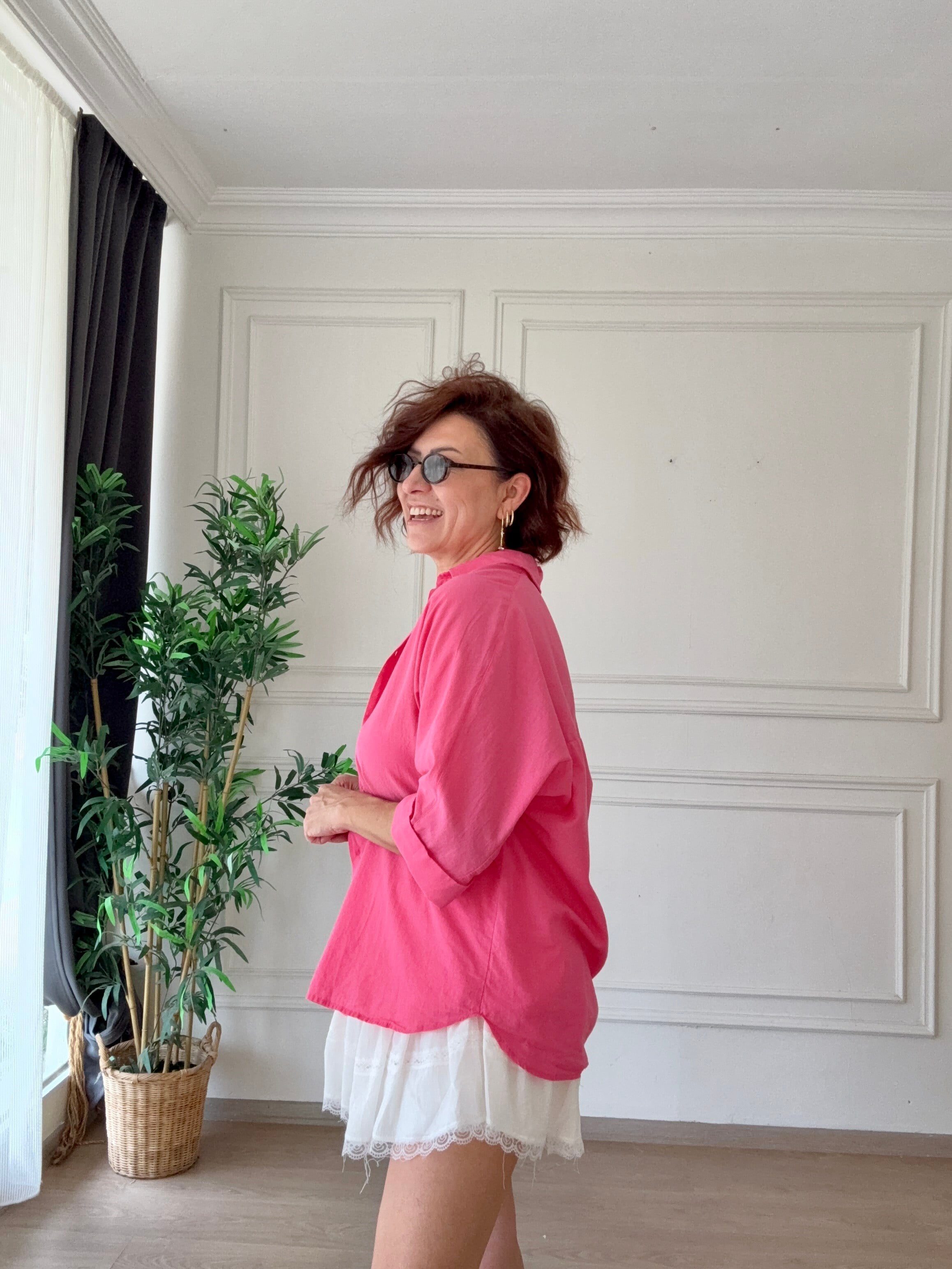 Truvakar Kol Tülbent Kumaş Gömlek Fuşya
