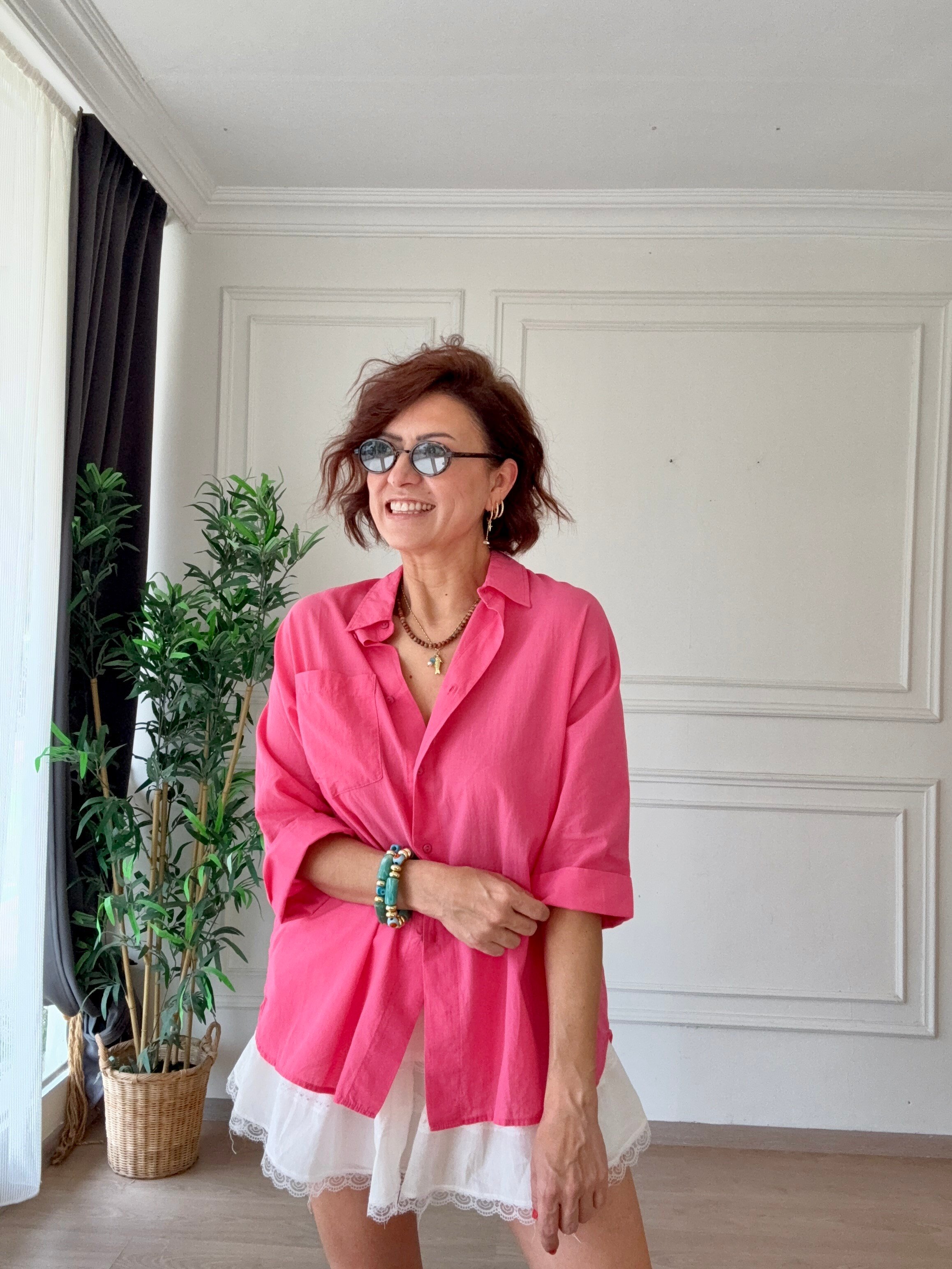 Truvakar Kol Tülbent Kumaş Gömlek Fuşya