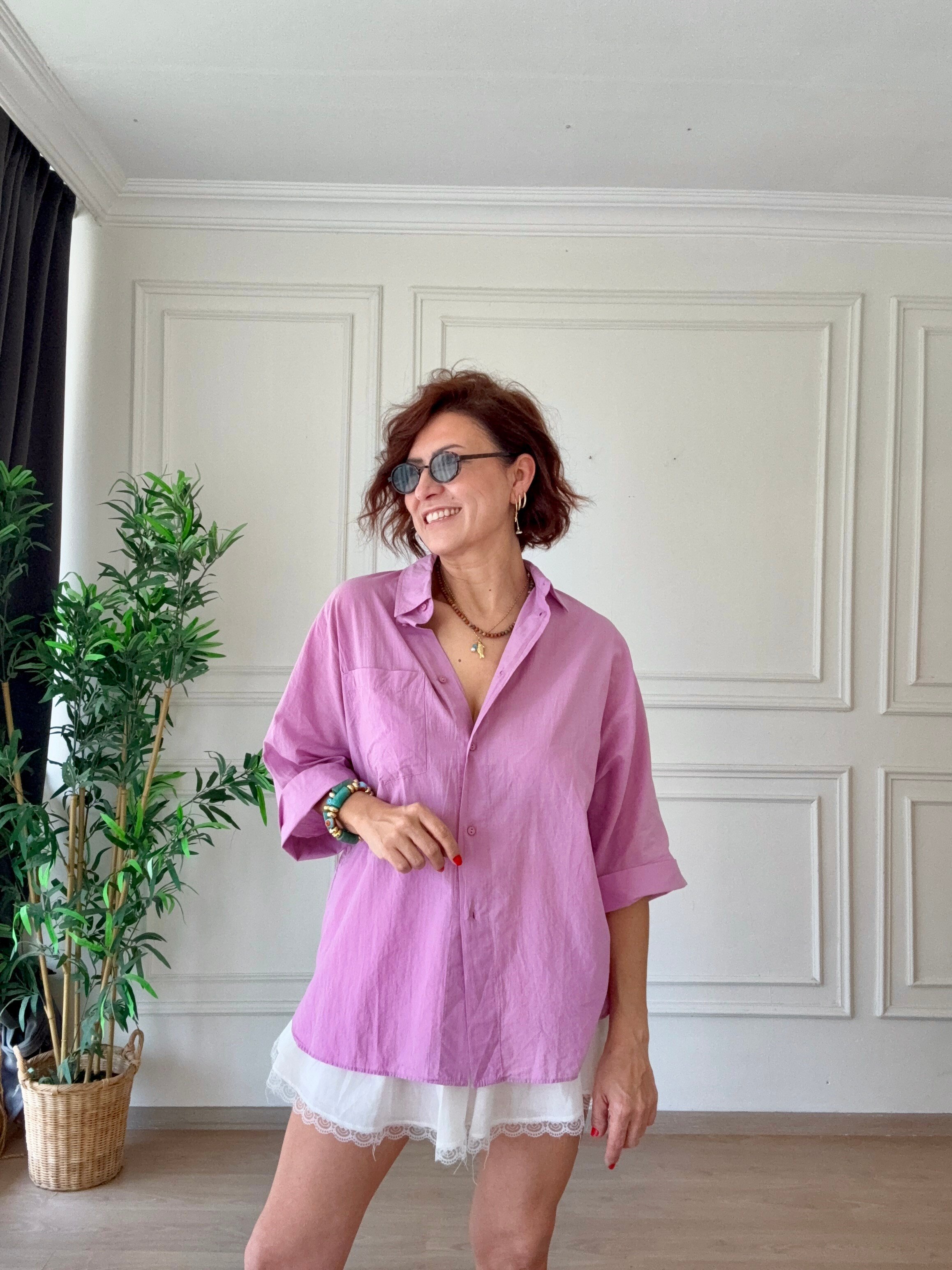 Truvakar Kol Tülbent Kumaş Gömlek Lila
