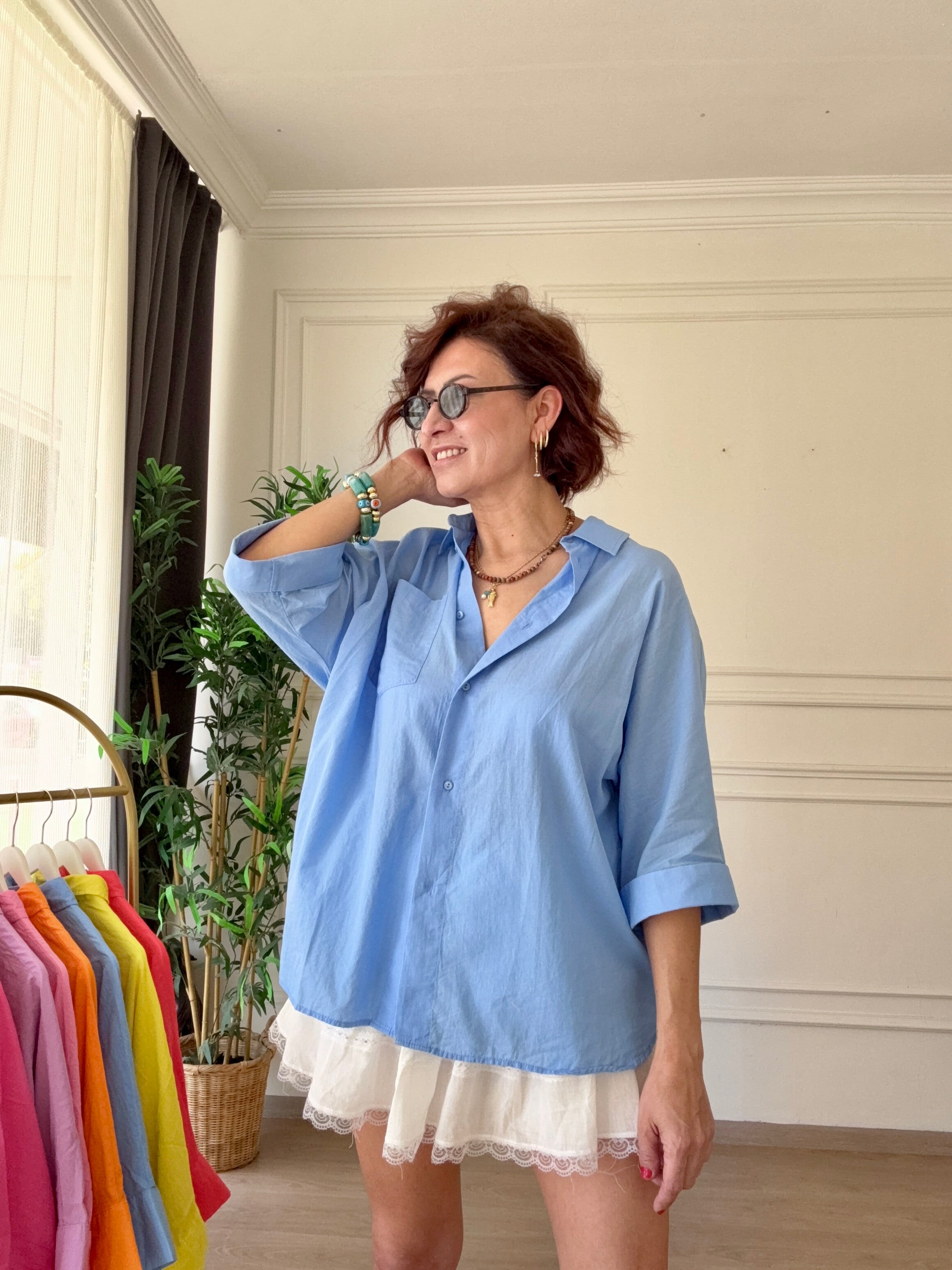 Truvakar Kol Tülbent Kumaş Gömlek Mavi