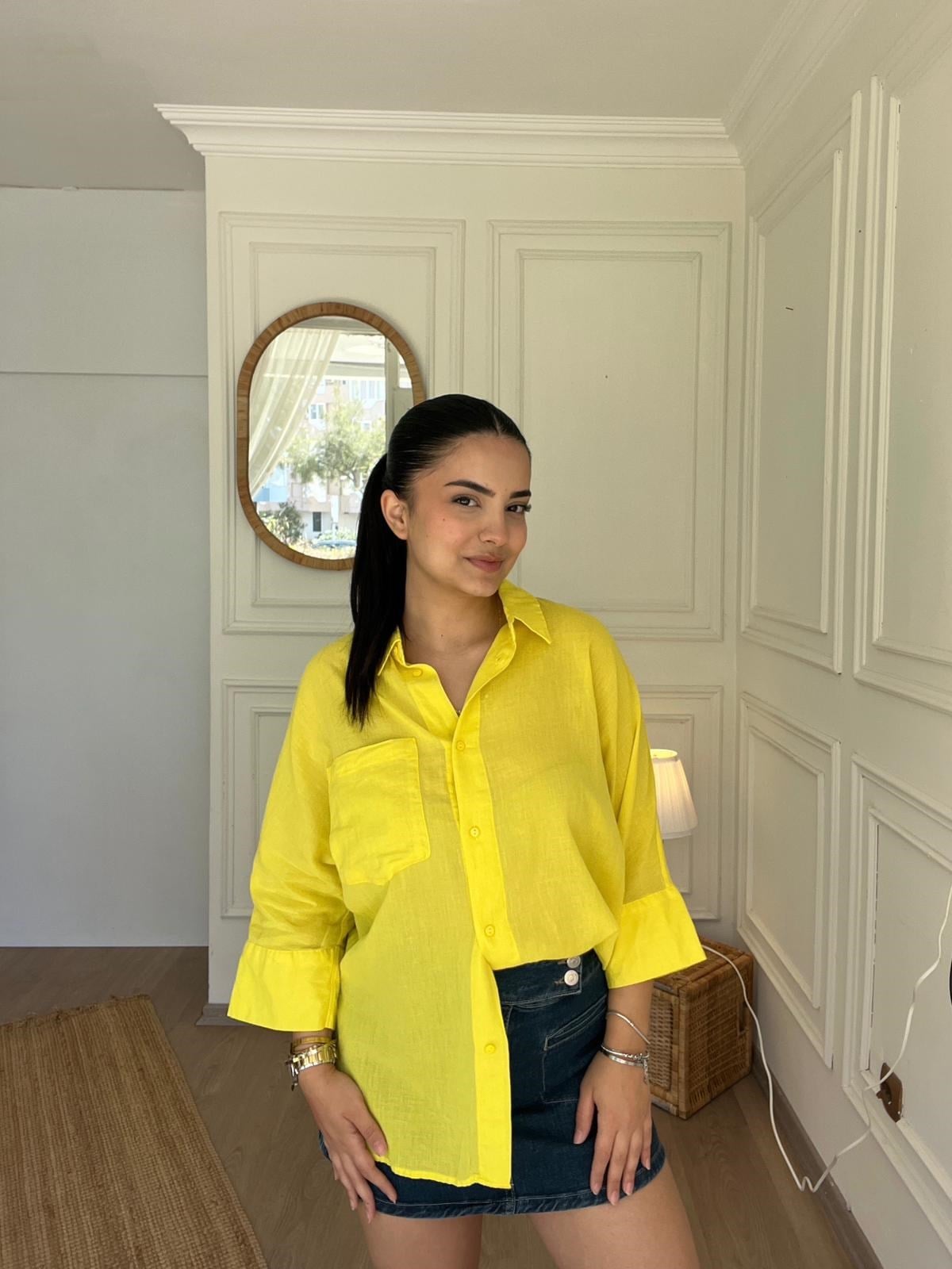 Truvakar Kol Tülbent Kumaş Gömlek Neon Sarı