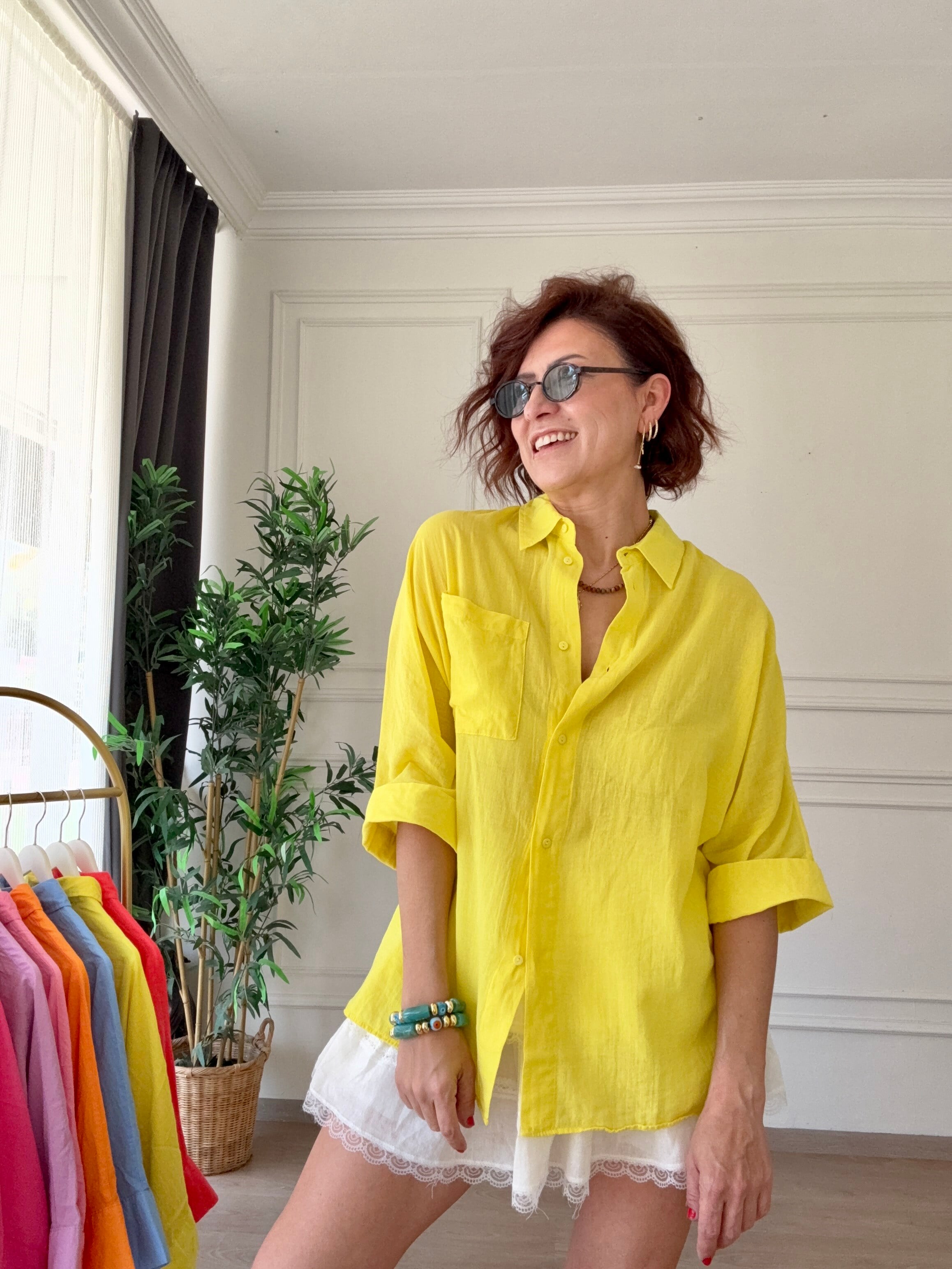 Truvakar Kol Tülbent Kumaş Gömlek Neon Sarı