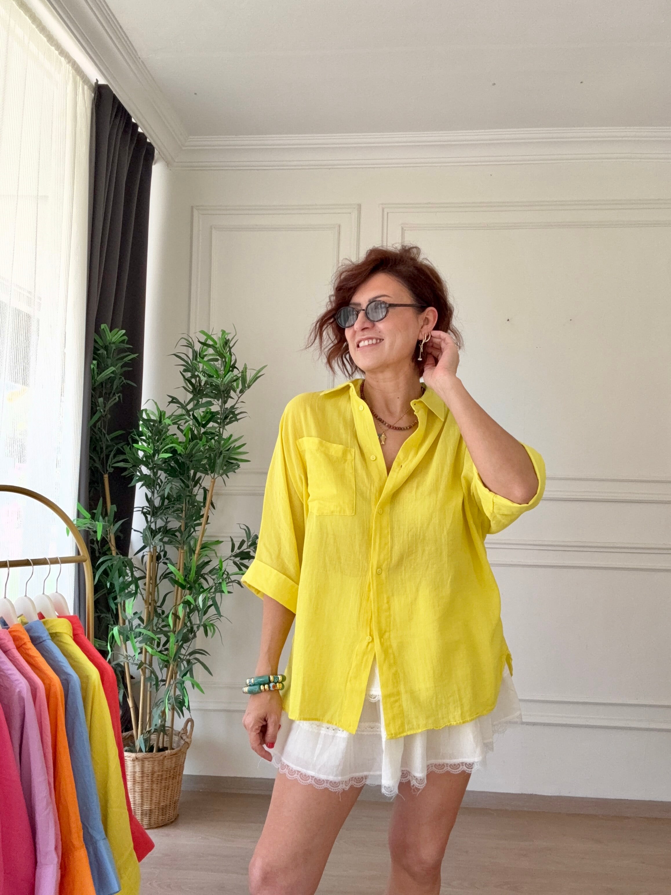 Truvakar Kol Tülbent Kumaş Gömlek Neon Sarı