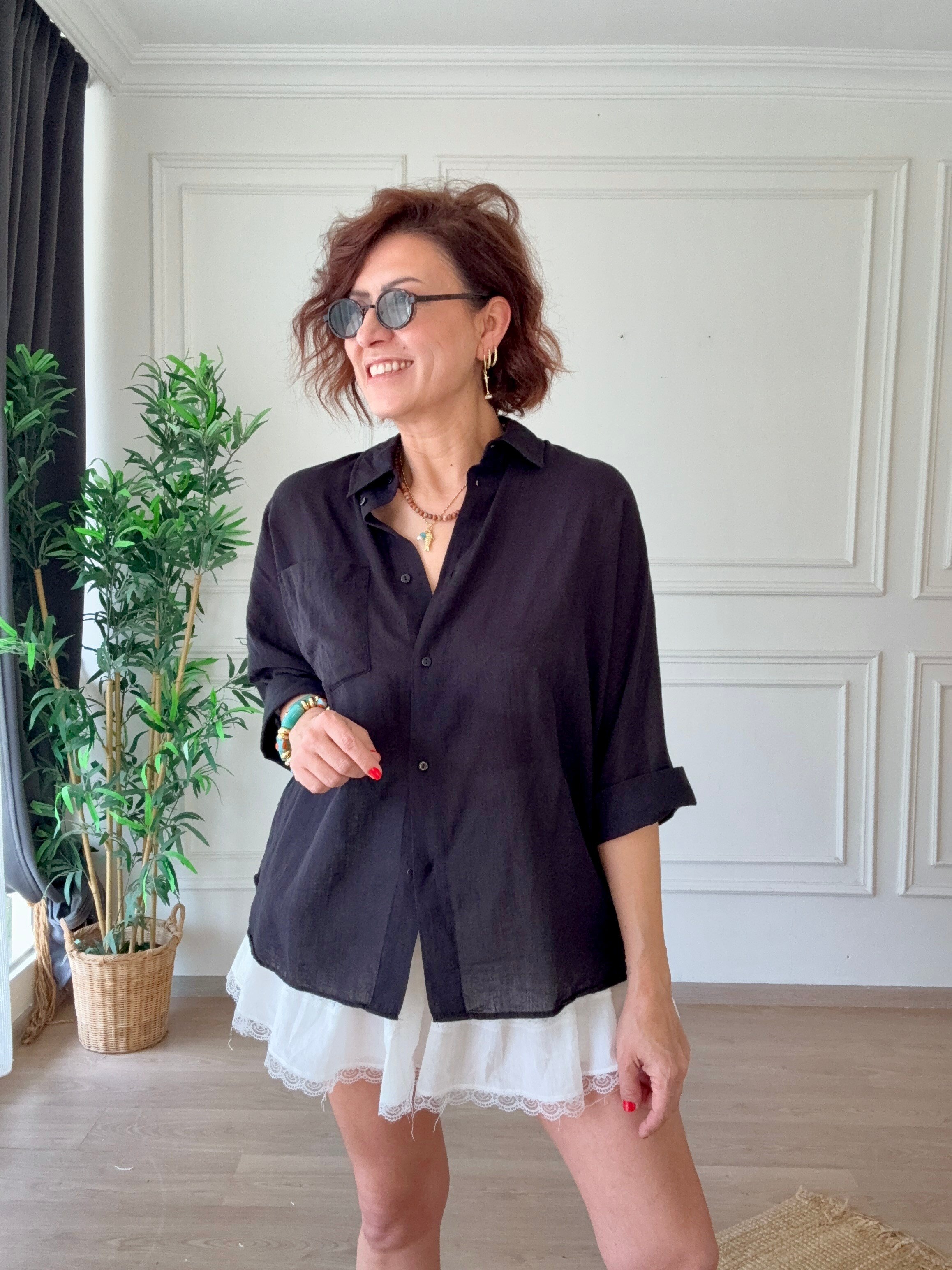 Truvakar Kol Tülbent Kumaş Gömlek Siyah