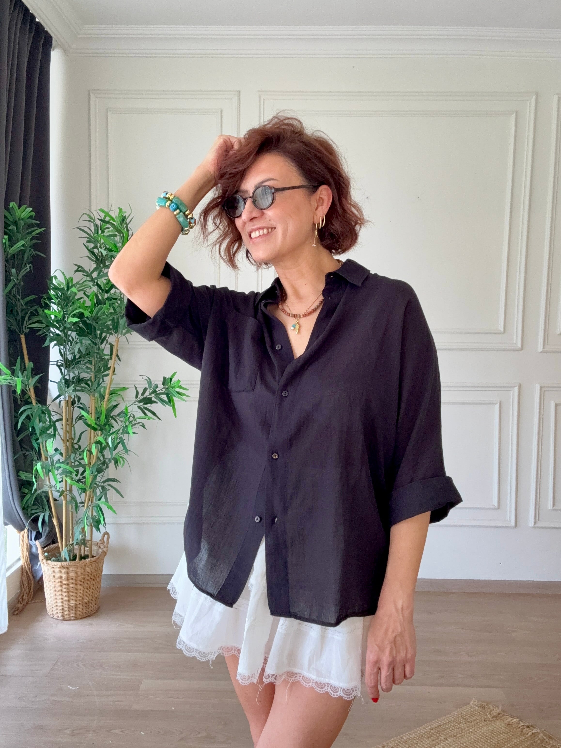 Truvakar Kol Tülbent Kumaş Gömlek Siyah