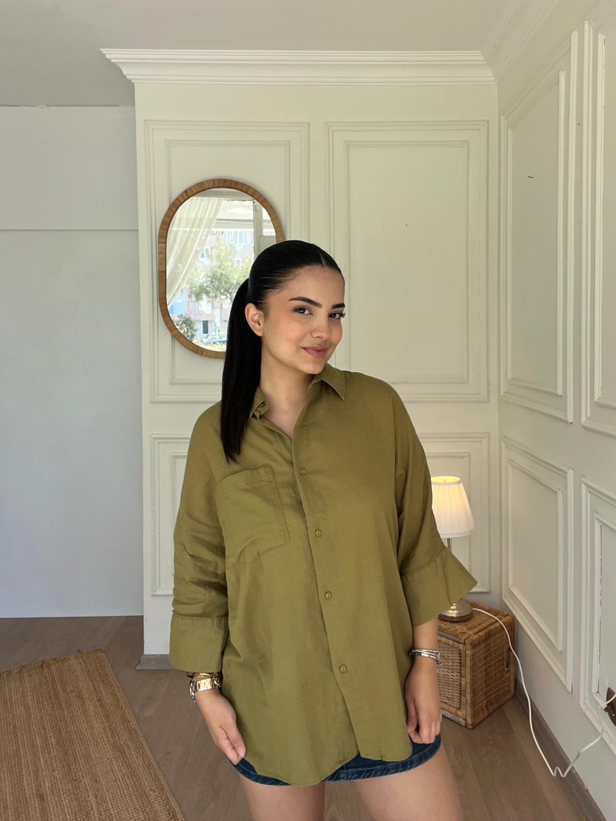 Truvakar Kol Tülbent Kumaş Gömlek Yağ Yeşili