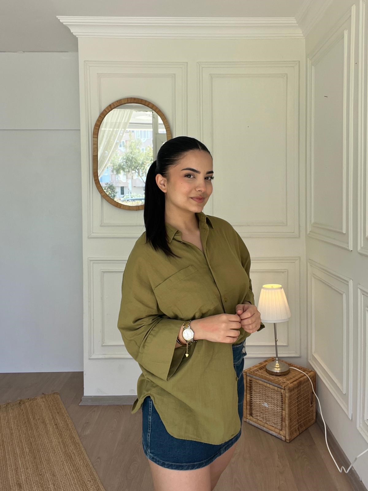 Truvakar Kol Tülbent Kumaş Gömlek Yağ Yeşili