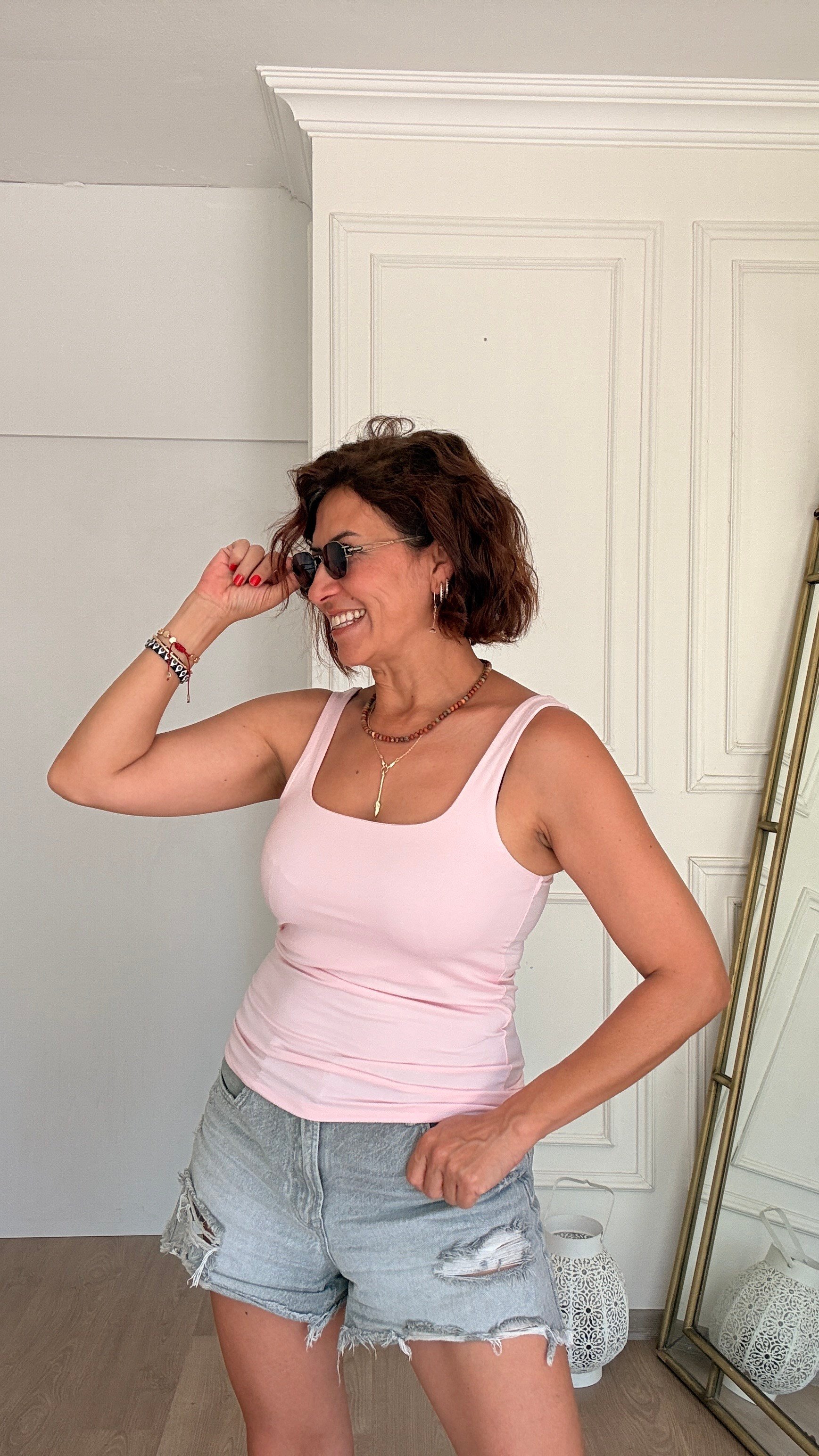 U Yaka Düz Atlet Pembe