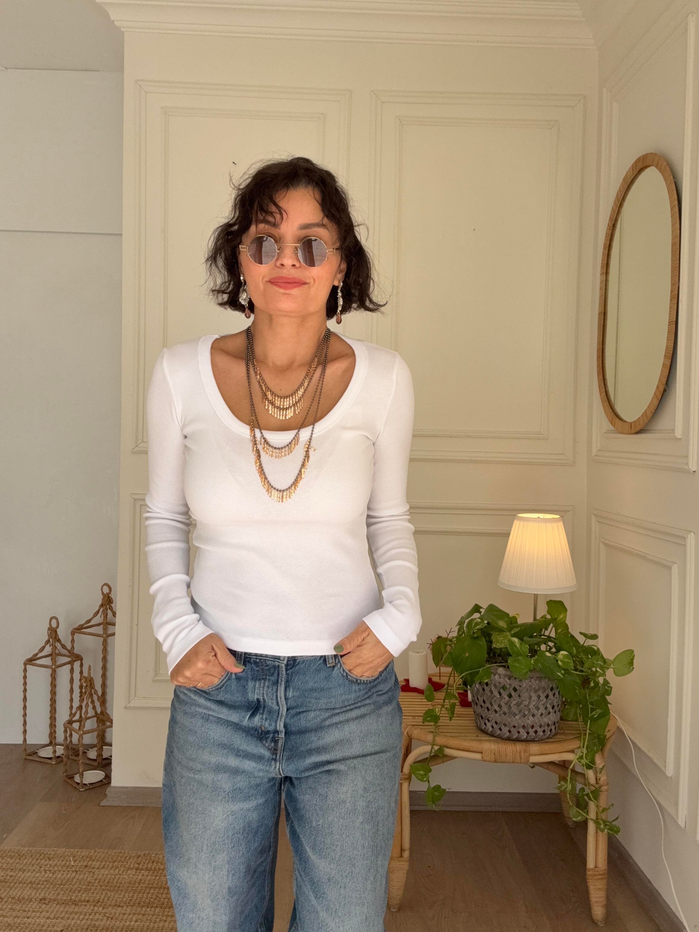 U Yaka Fitilli Uzun Kollu Body Beyaz