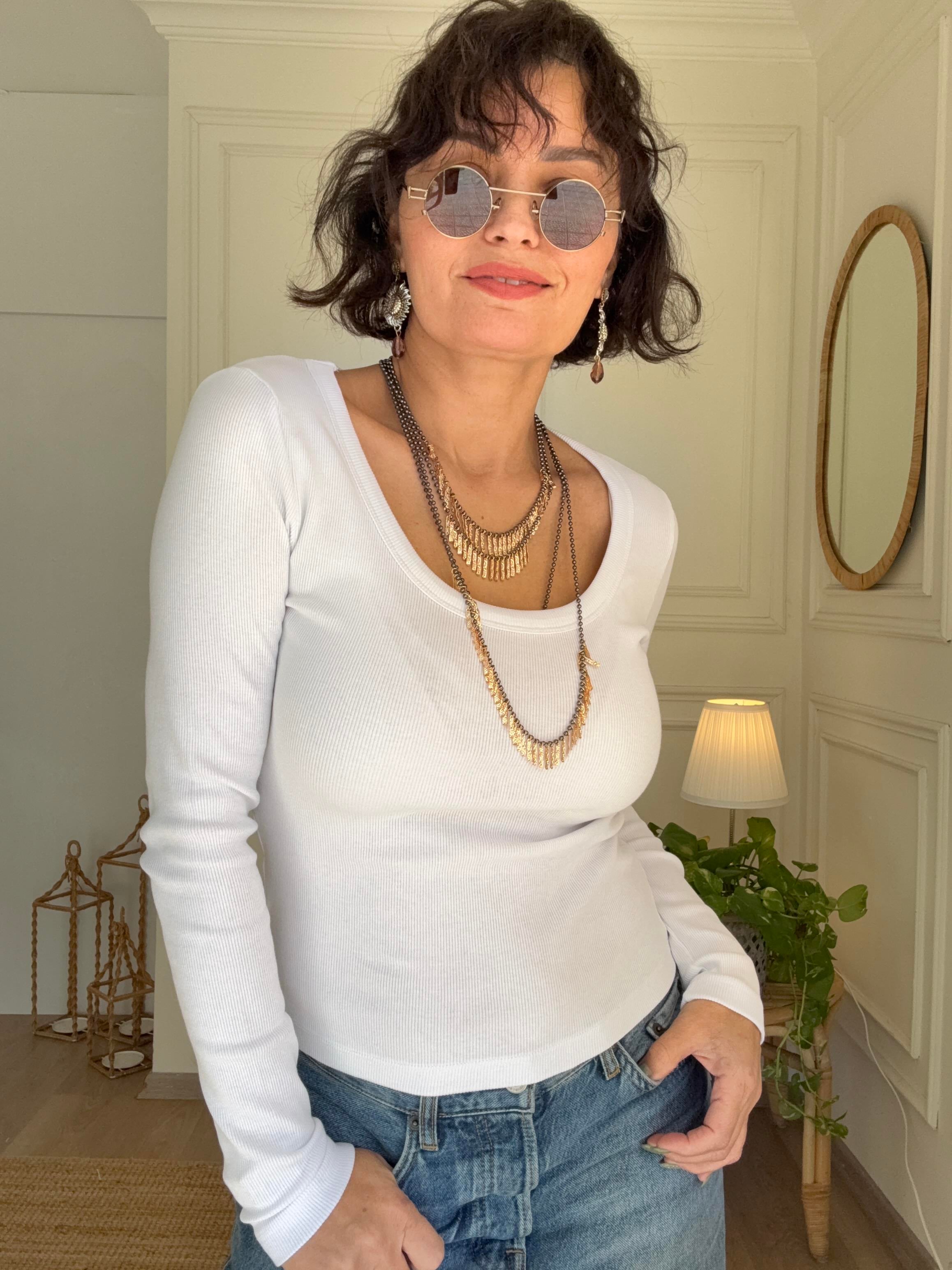 U Yaka Fitilli Uzun Kollu Body Beyaz