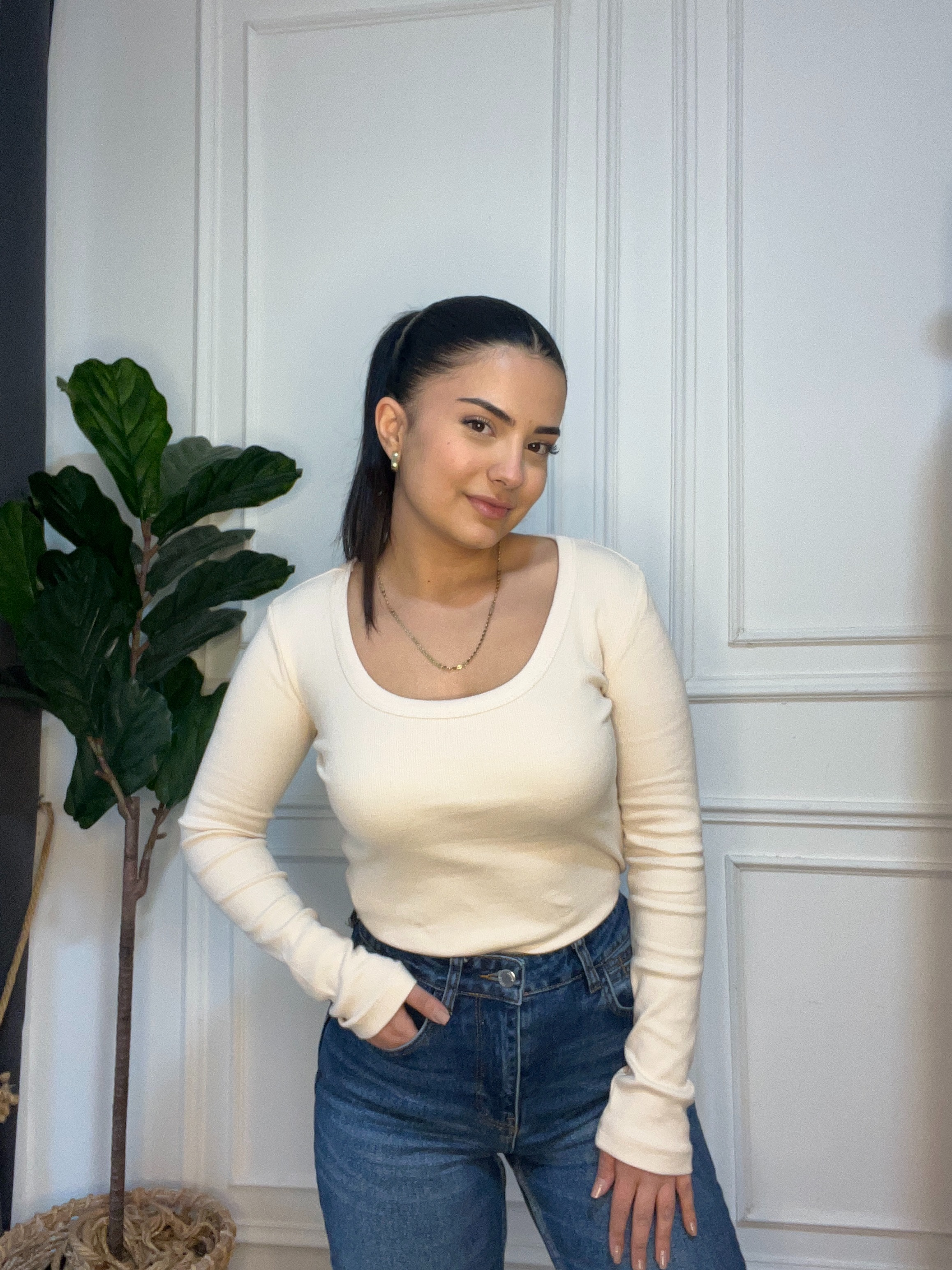 U Yaka Fitilli Uzun Kollu Body Ekru