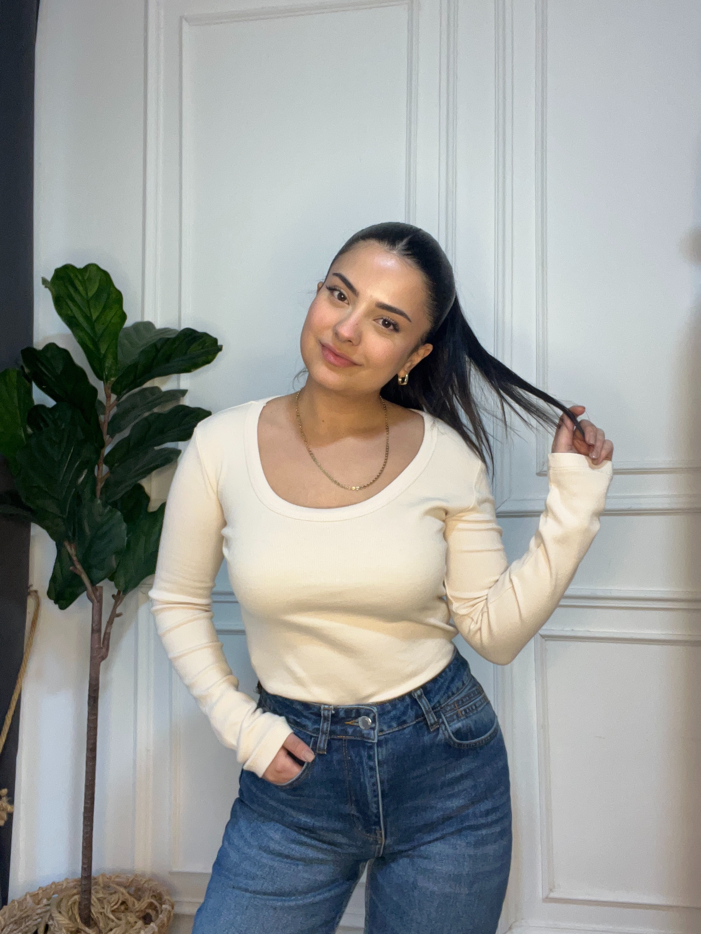 U Yaka Fitilli Uzun Kollu Body Ekru