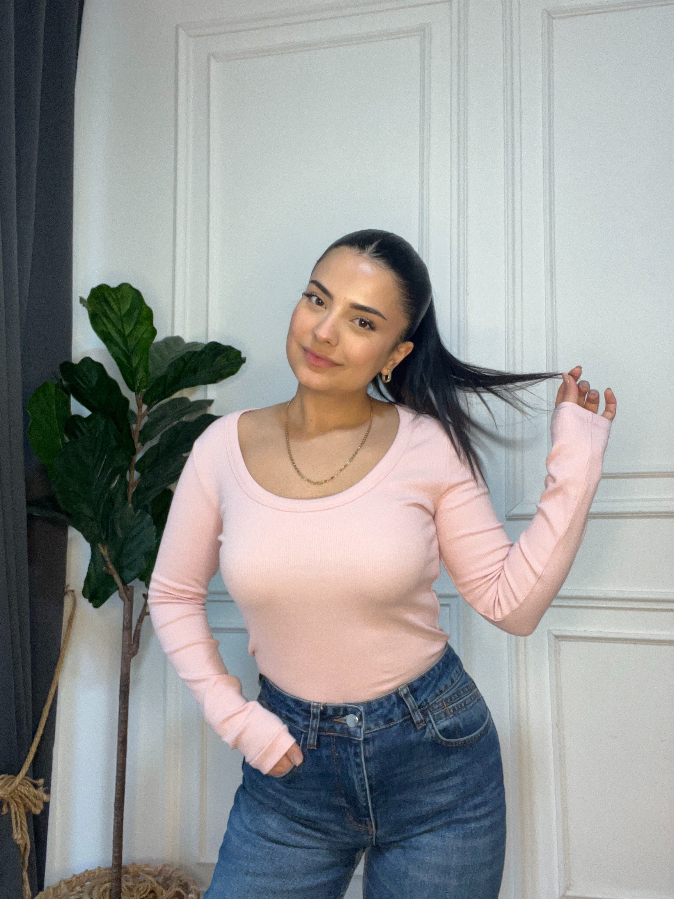 U Yaka Fitilli Uzun Kollu Body Pembe