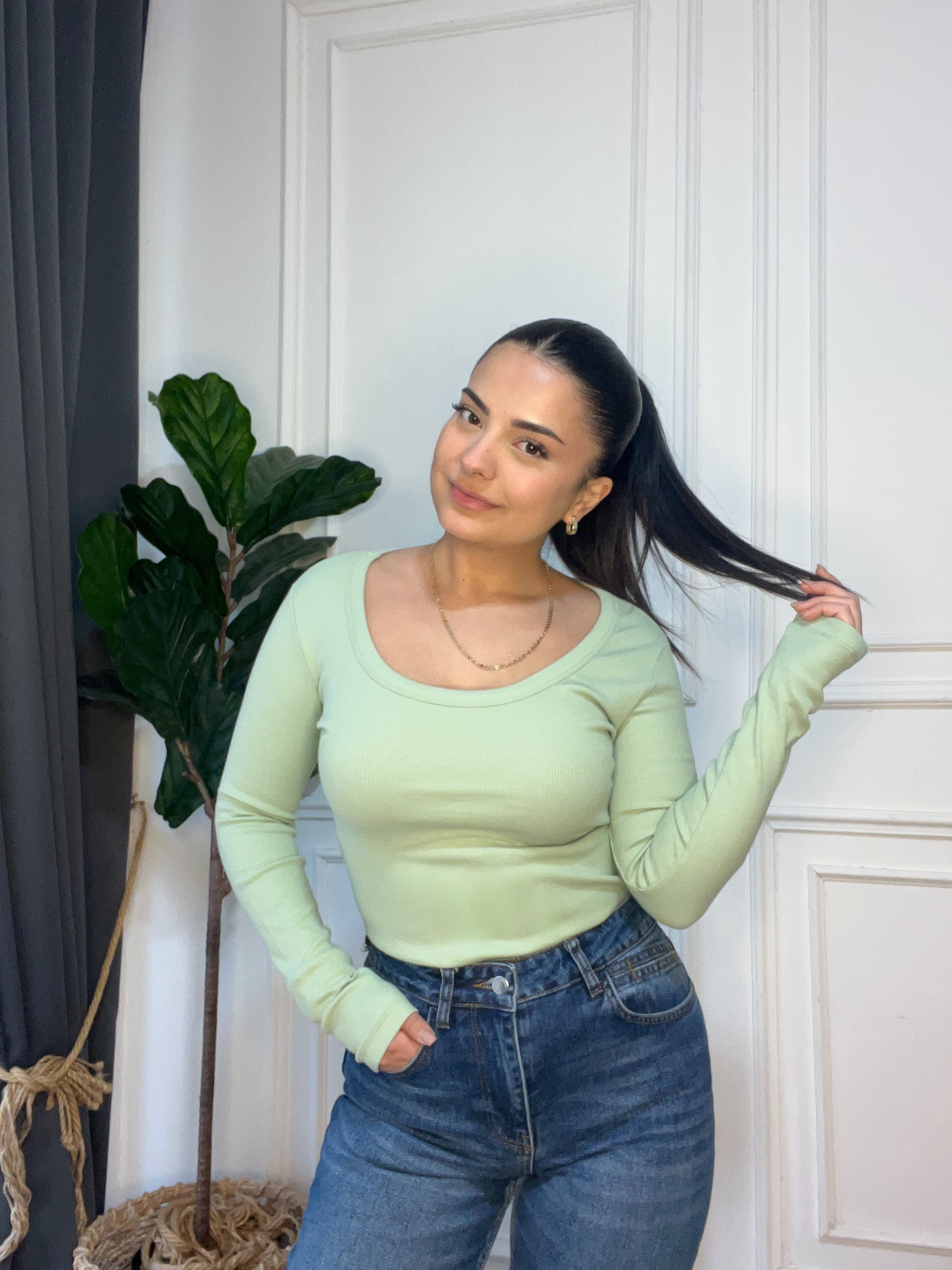 U Yaka Fitilli Uzun Kollu Body Yeşil