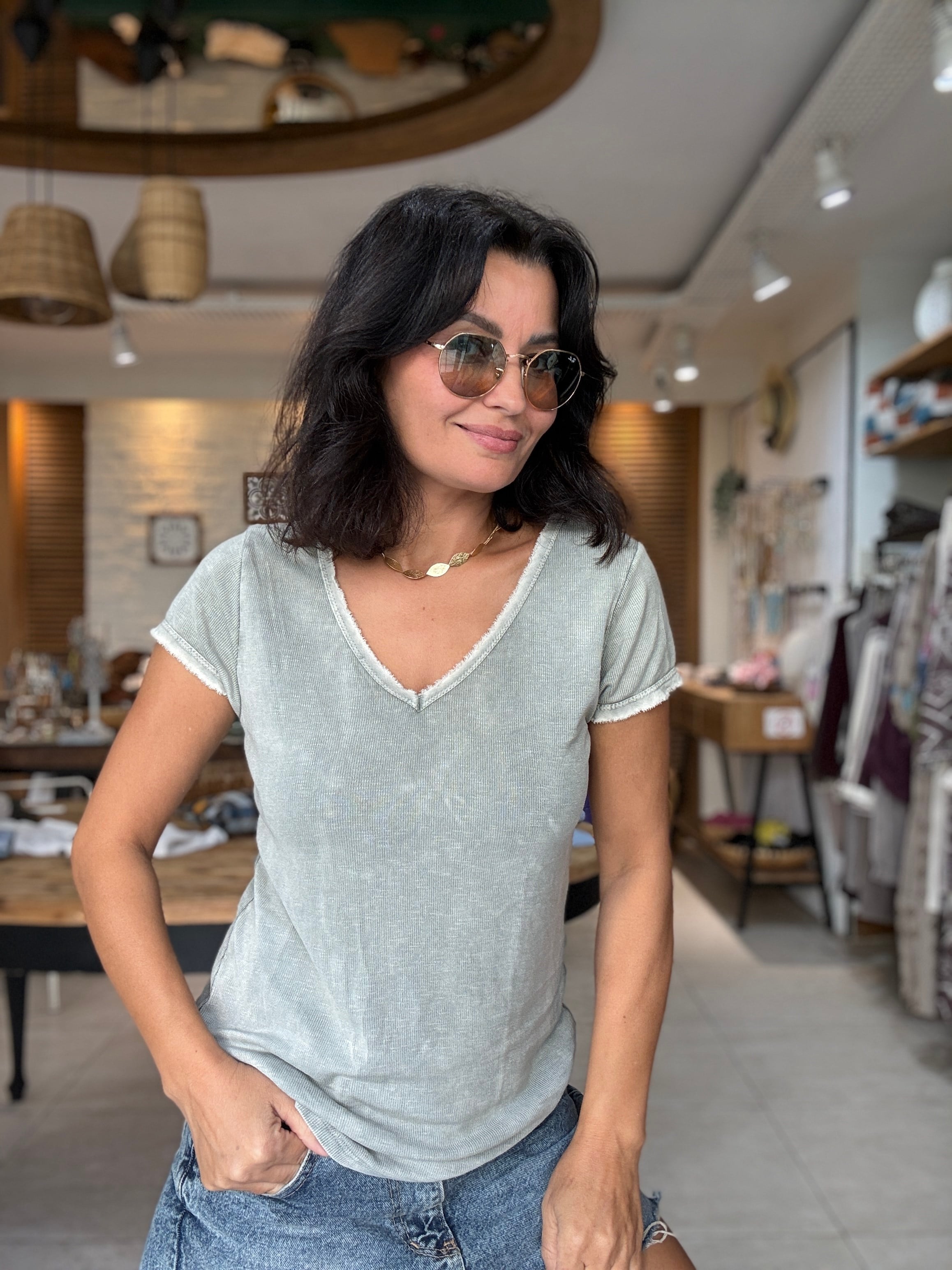 V Yaka Fitilli Basic Tshirt Haki