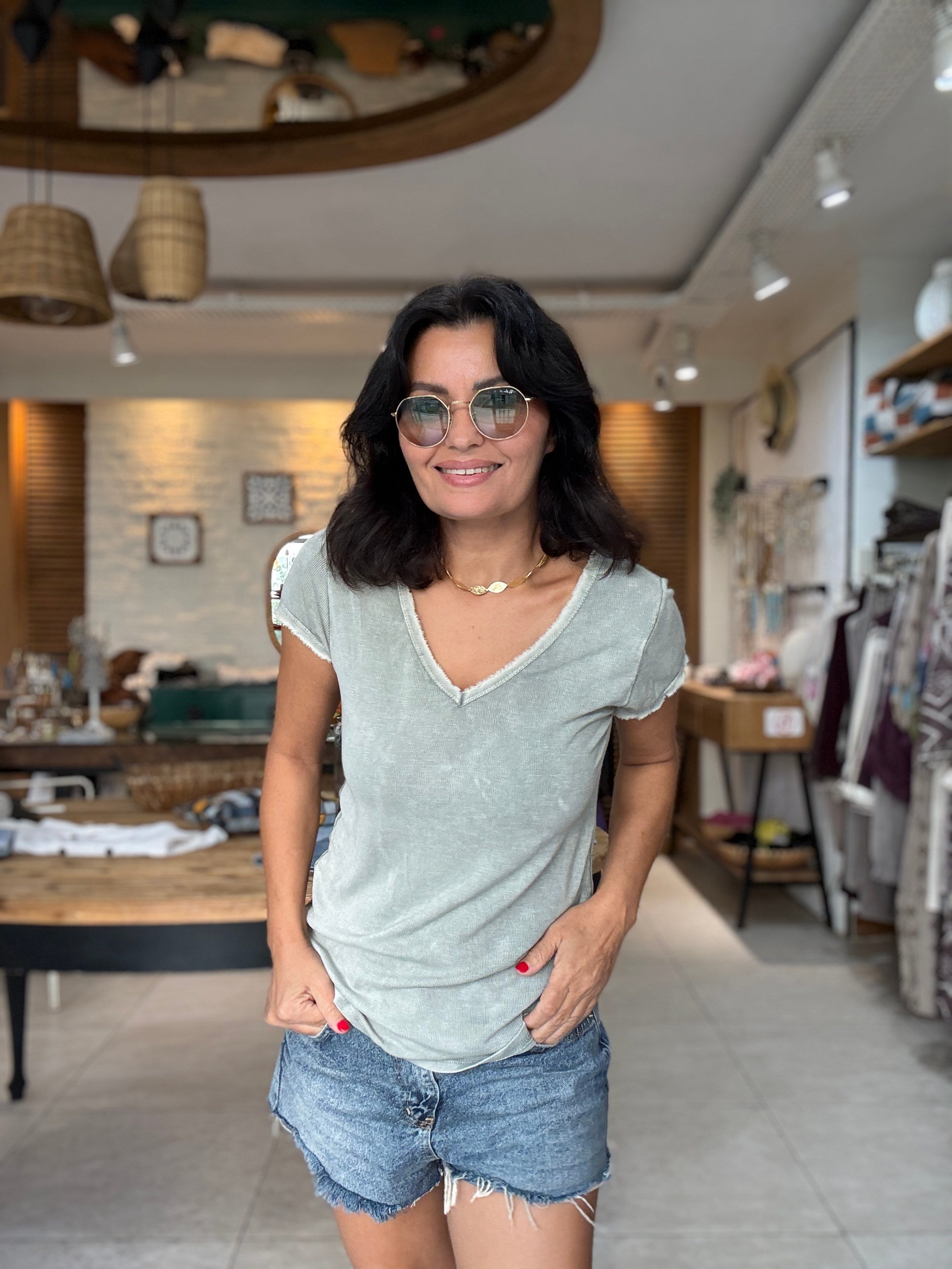 V Yaka Fitilli Basic Tshirt Haki