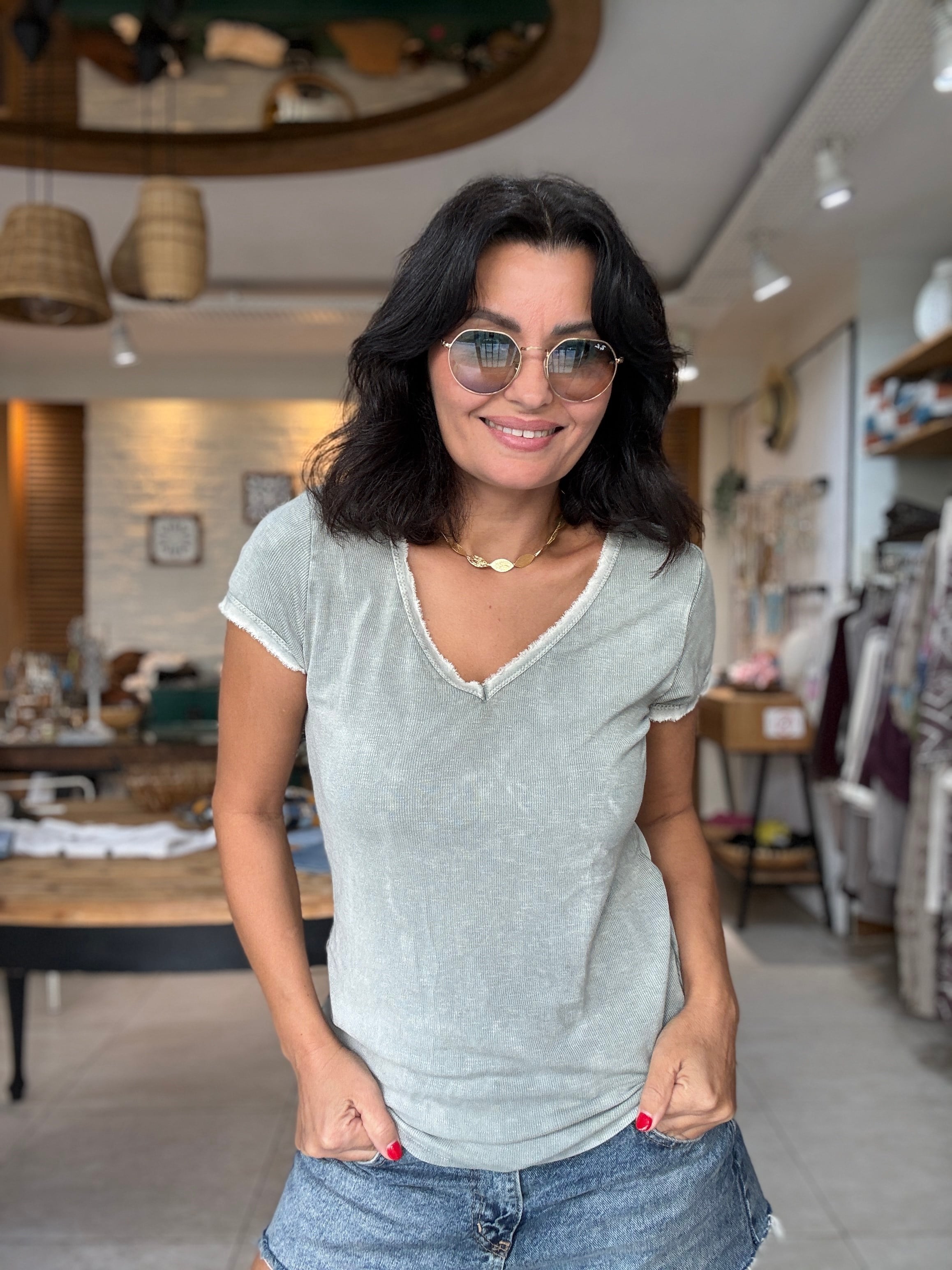 V Yaka Fitilli Basic Tshirt Haki