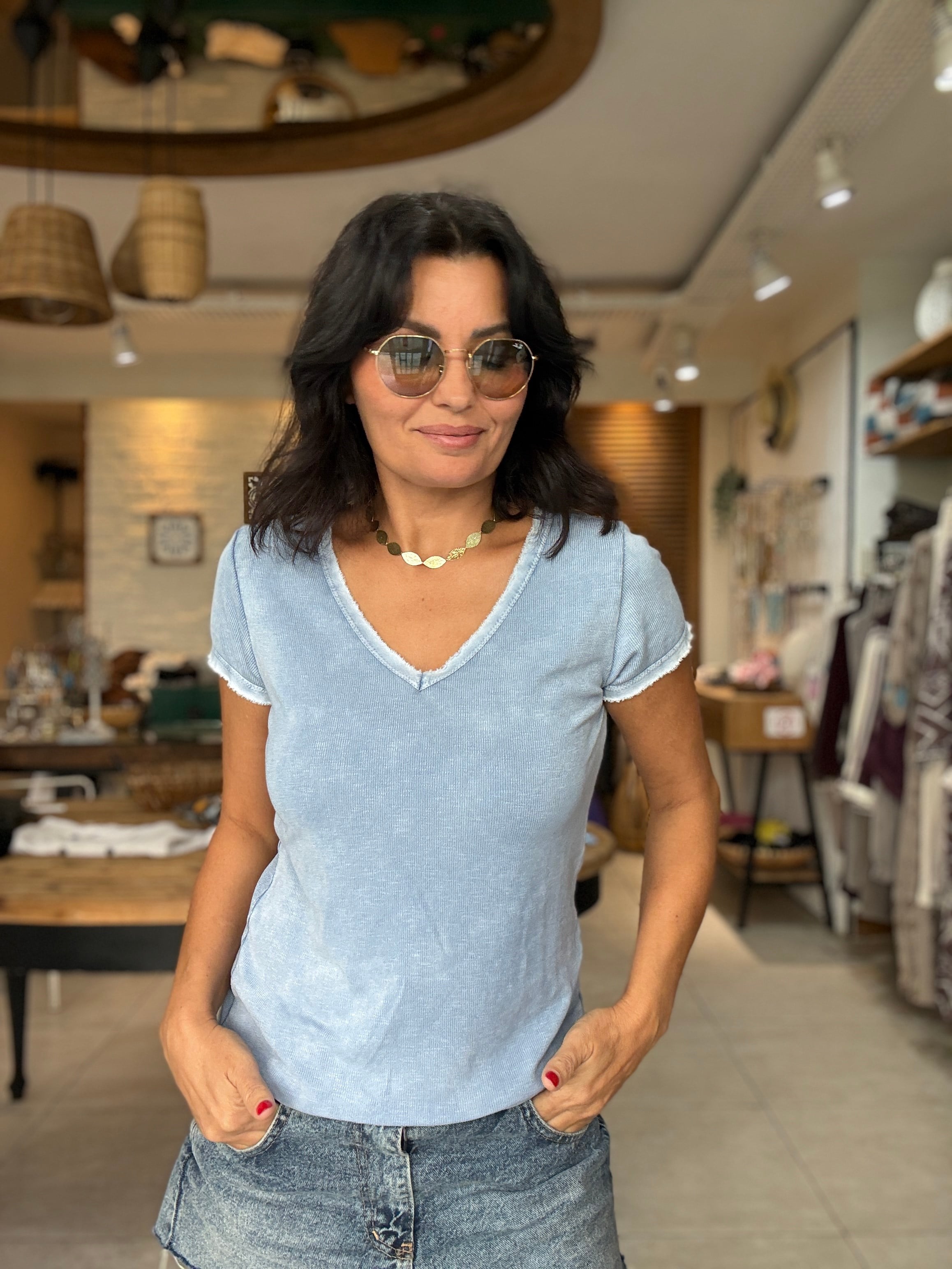 V Yaka Fitilli Basic Tshirt Mavi