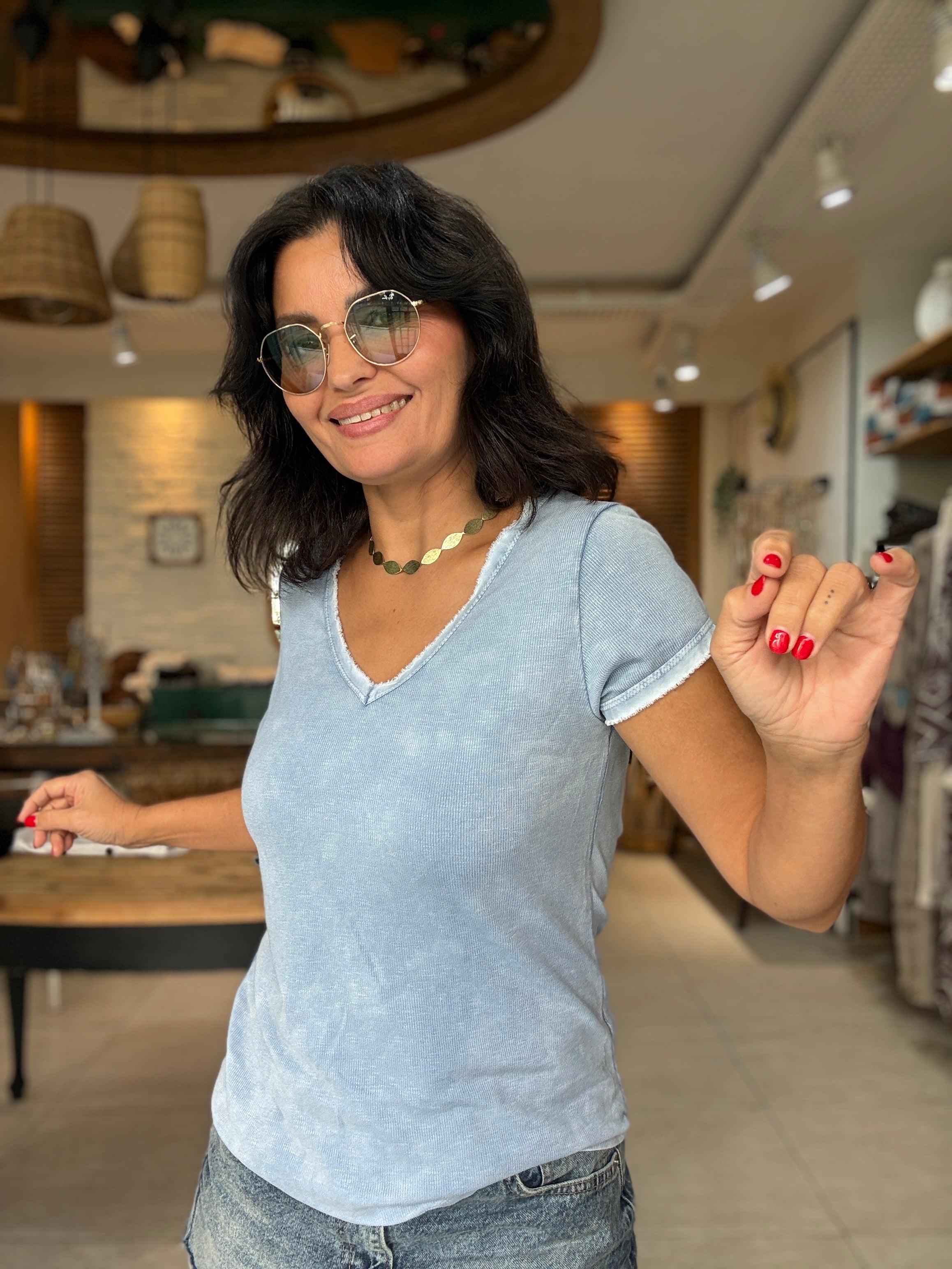 V Yaka Fitilli Basic Tshirt Mavi
