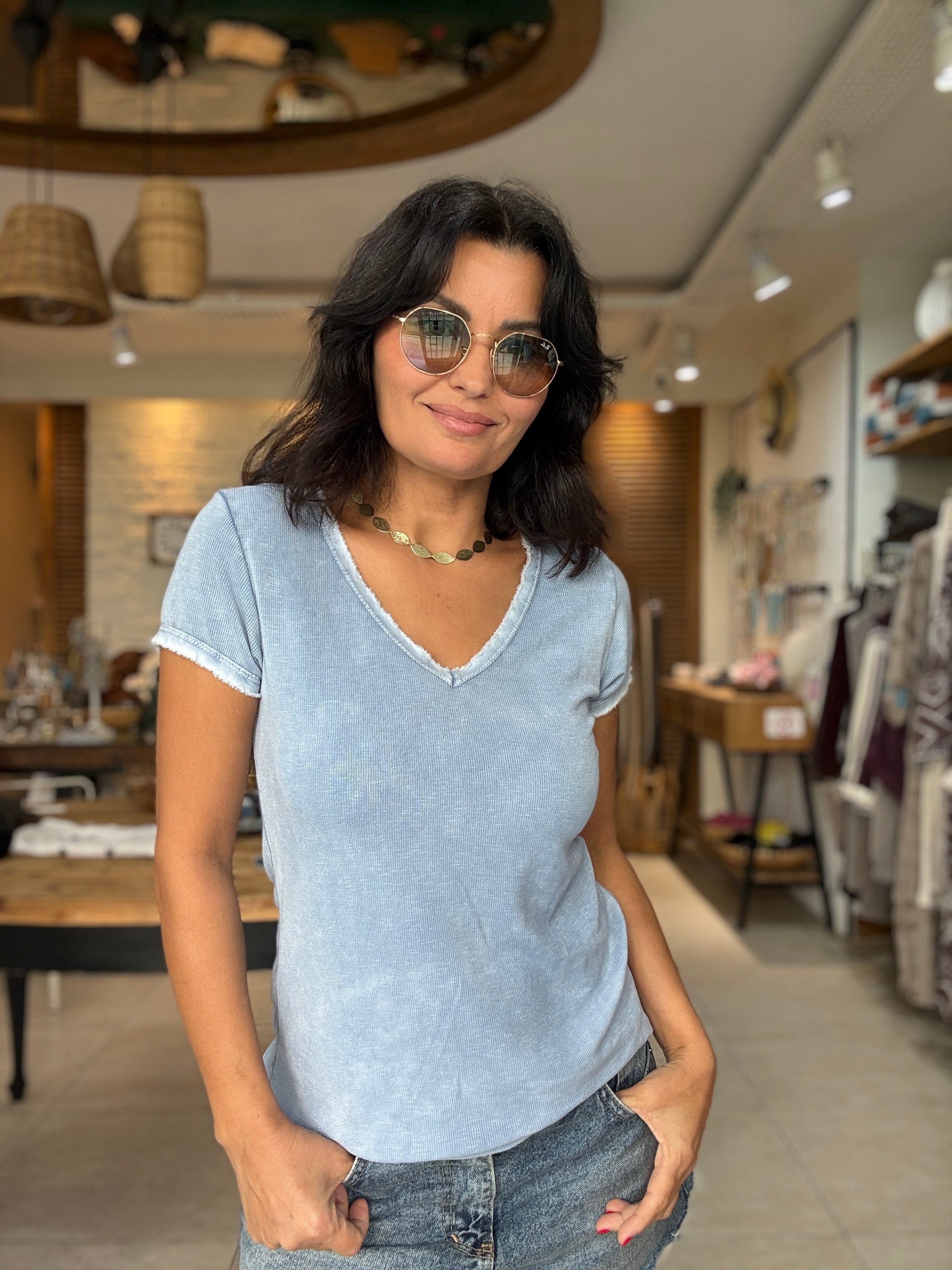 V Yaka Fitilli Basic Tshirt Mavi