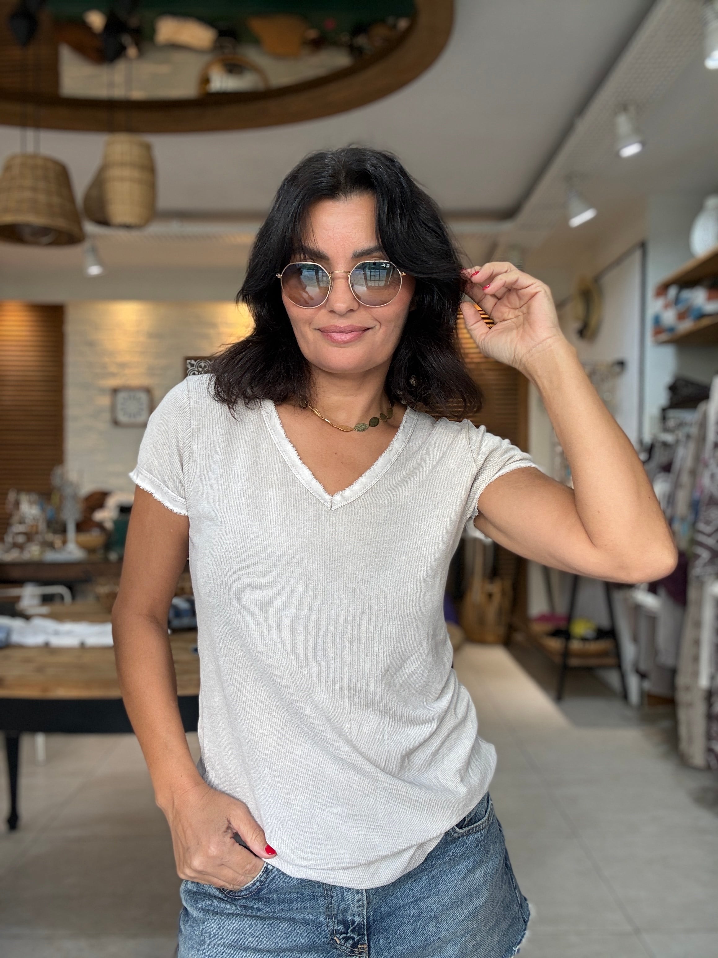 V Yaka Fitilli Basic Tshirt Taş 