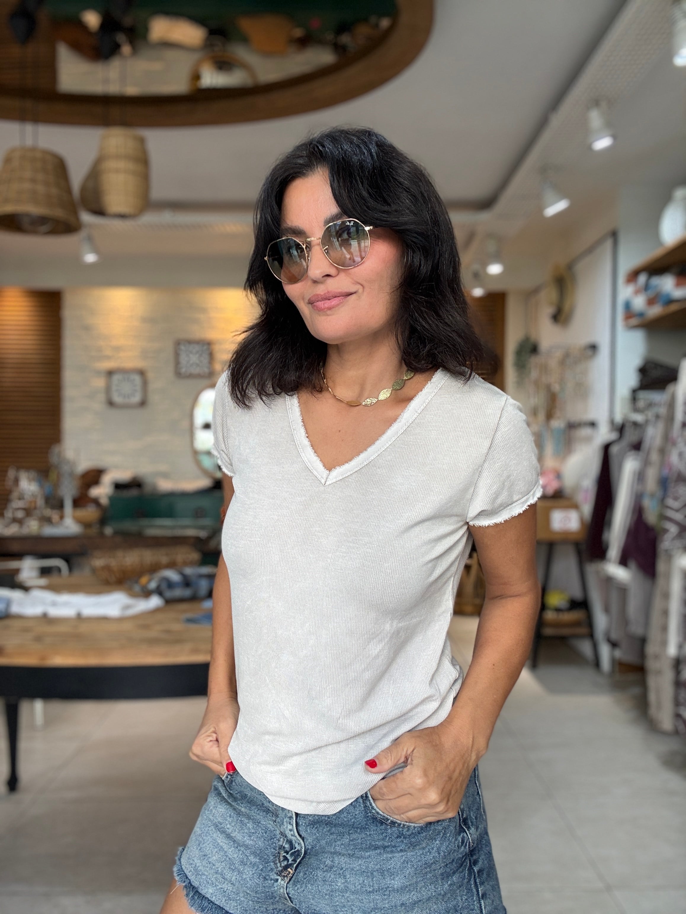 V Yaka Fitilli Basic Tshirt Taş 