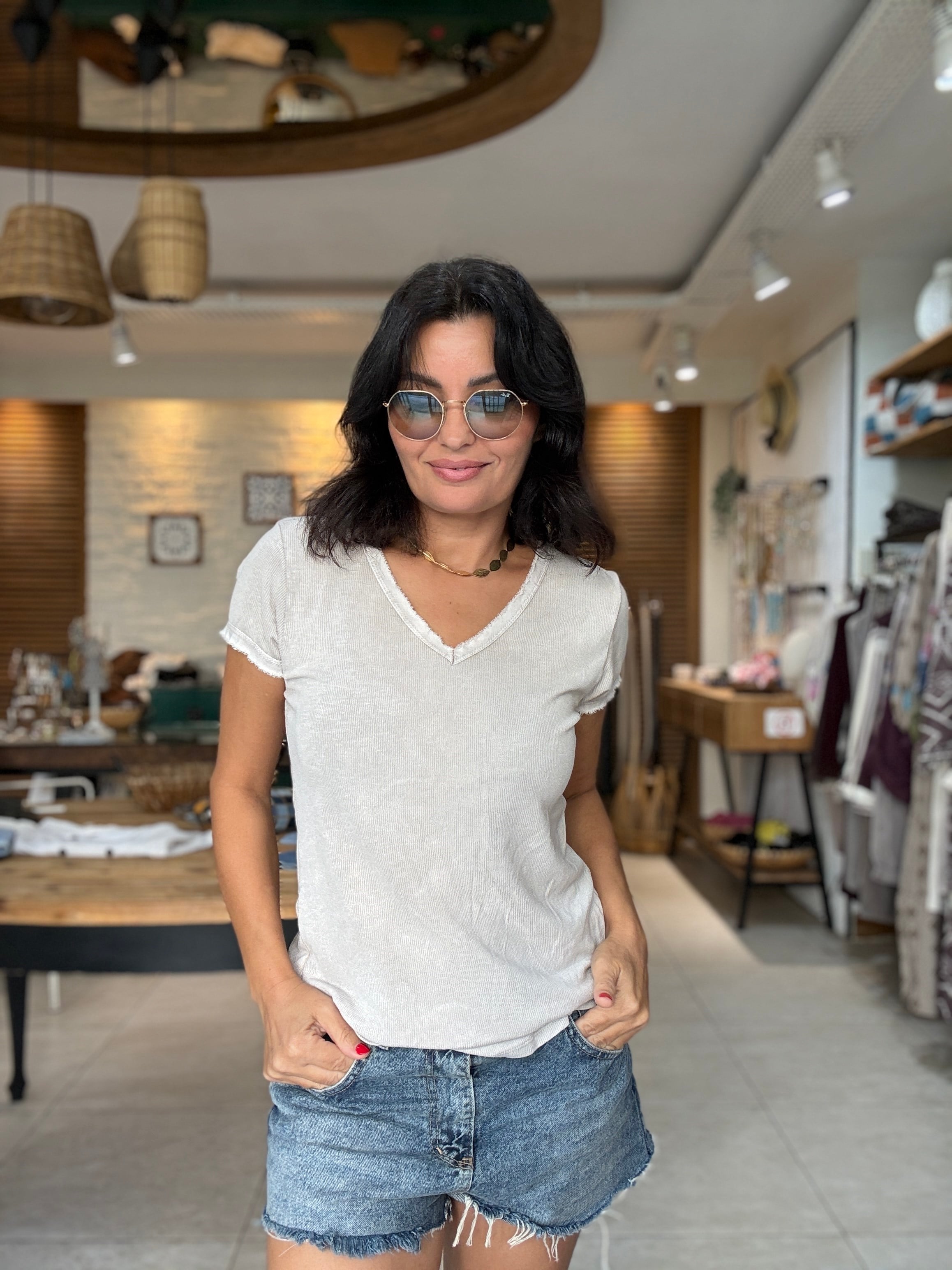 V Yaka Fitilli Basic Tshirt Taş 