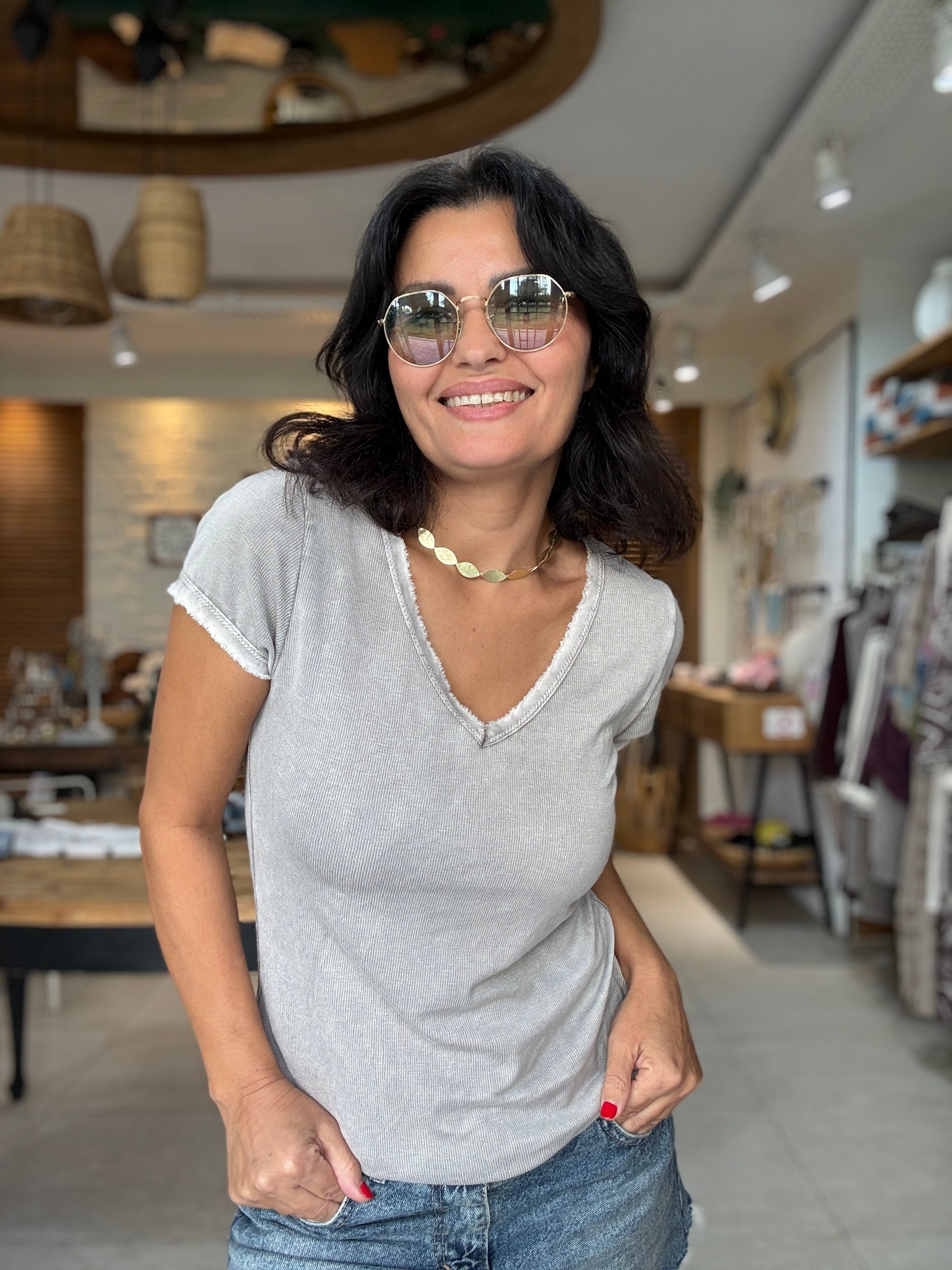 V Yaka Fitilli Basic Tshirt Vizon 